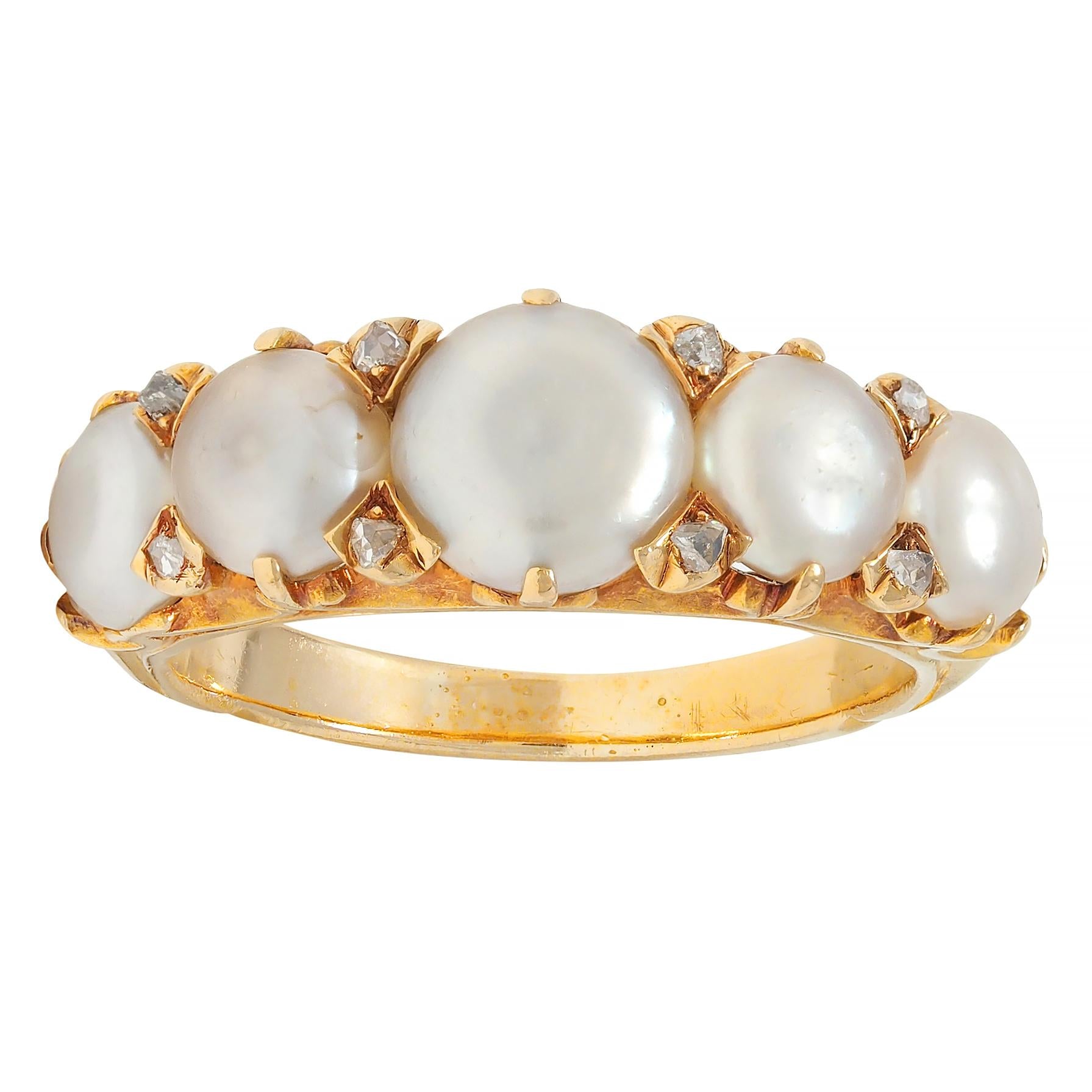 Victorian Button Pearl Diamond 18 Karat Yellow Gold Antique Five Stone Band Ring