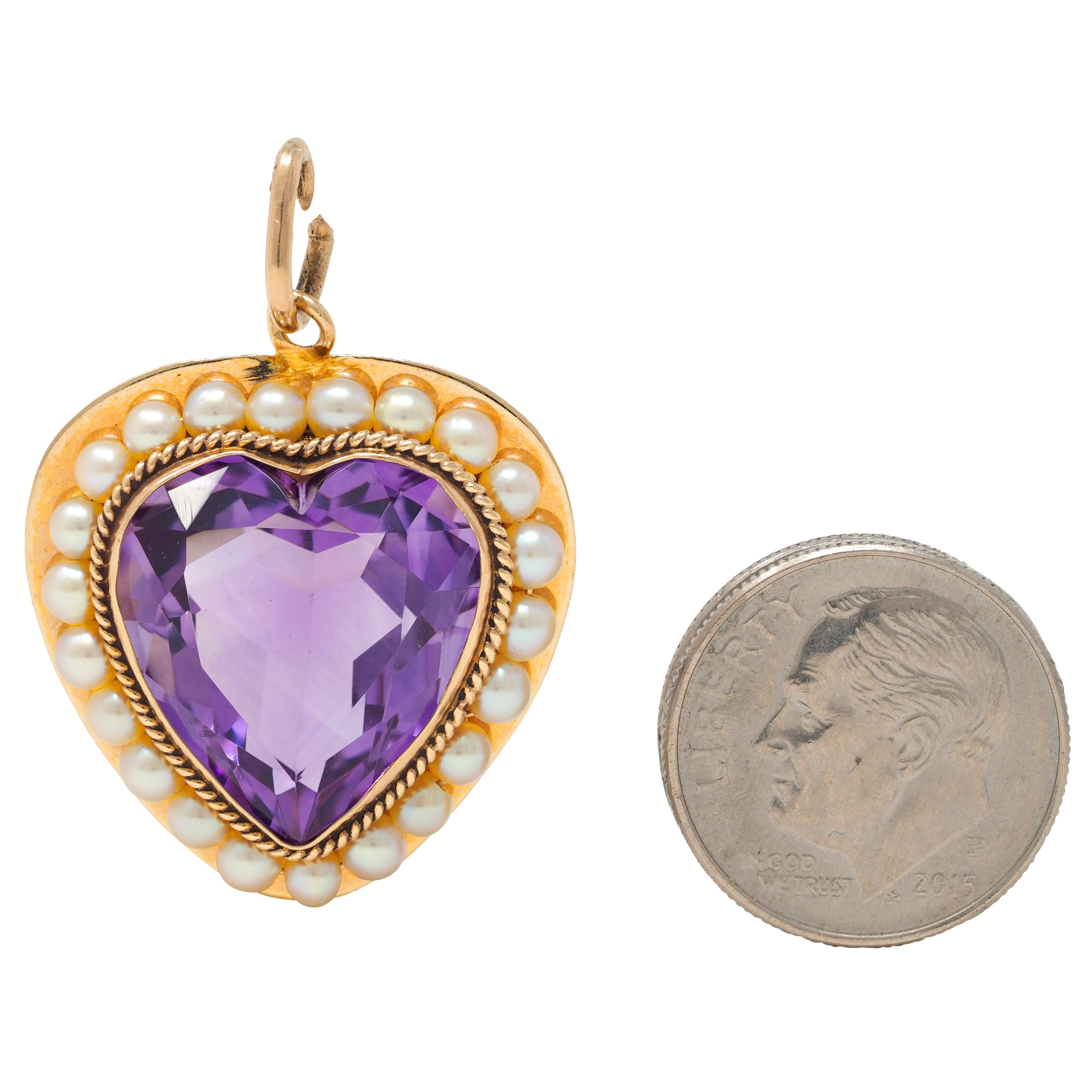 Retro Amethyst Pearl 14 Karat Yellow Gold Vintage Heart Pendant