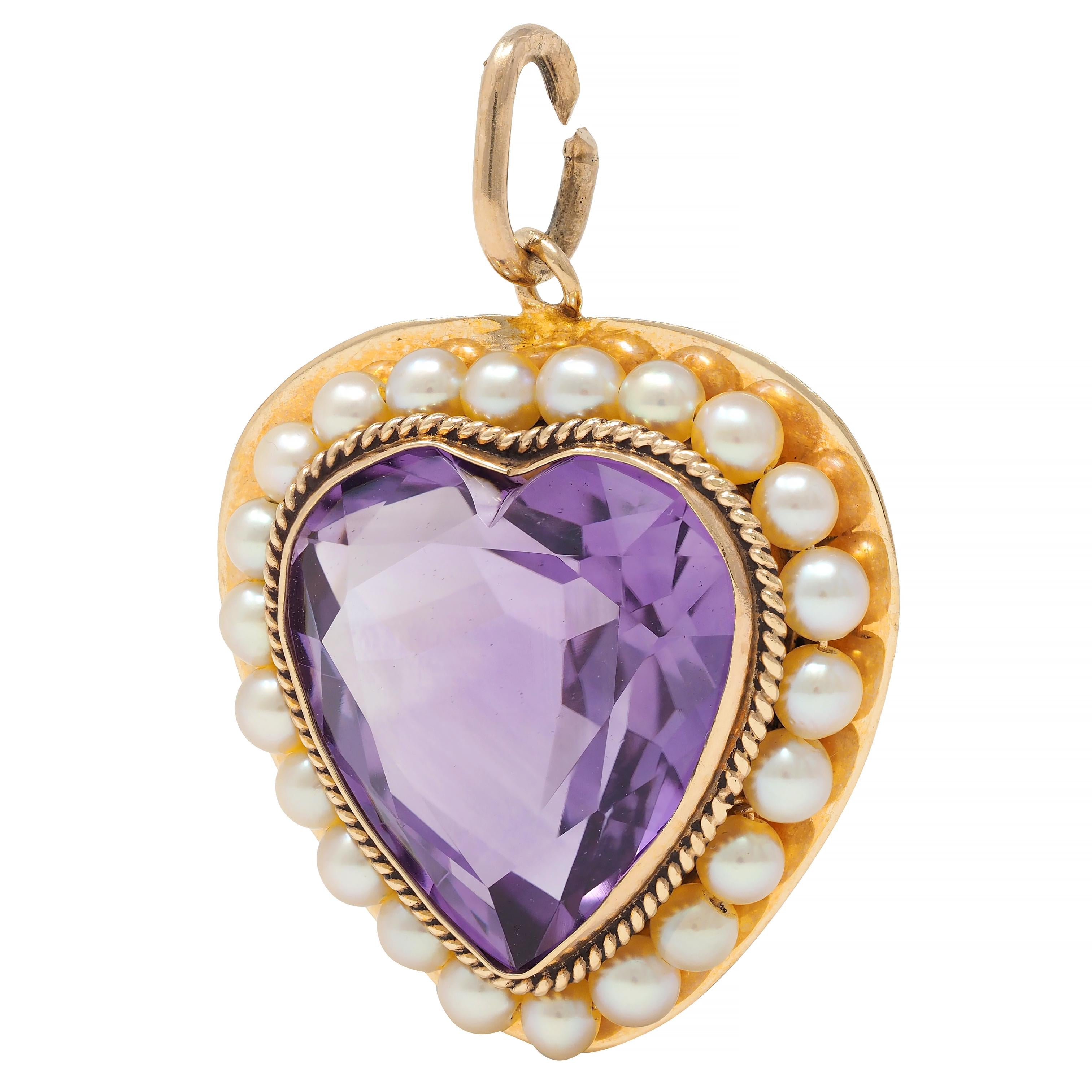 Retro Amethyst Pearl 14 Karat Yellow Gold Vintage Heart Pendant