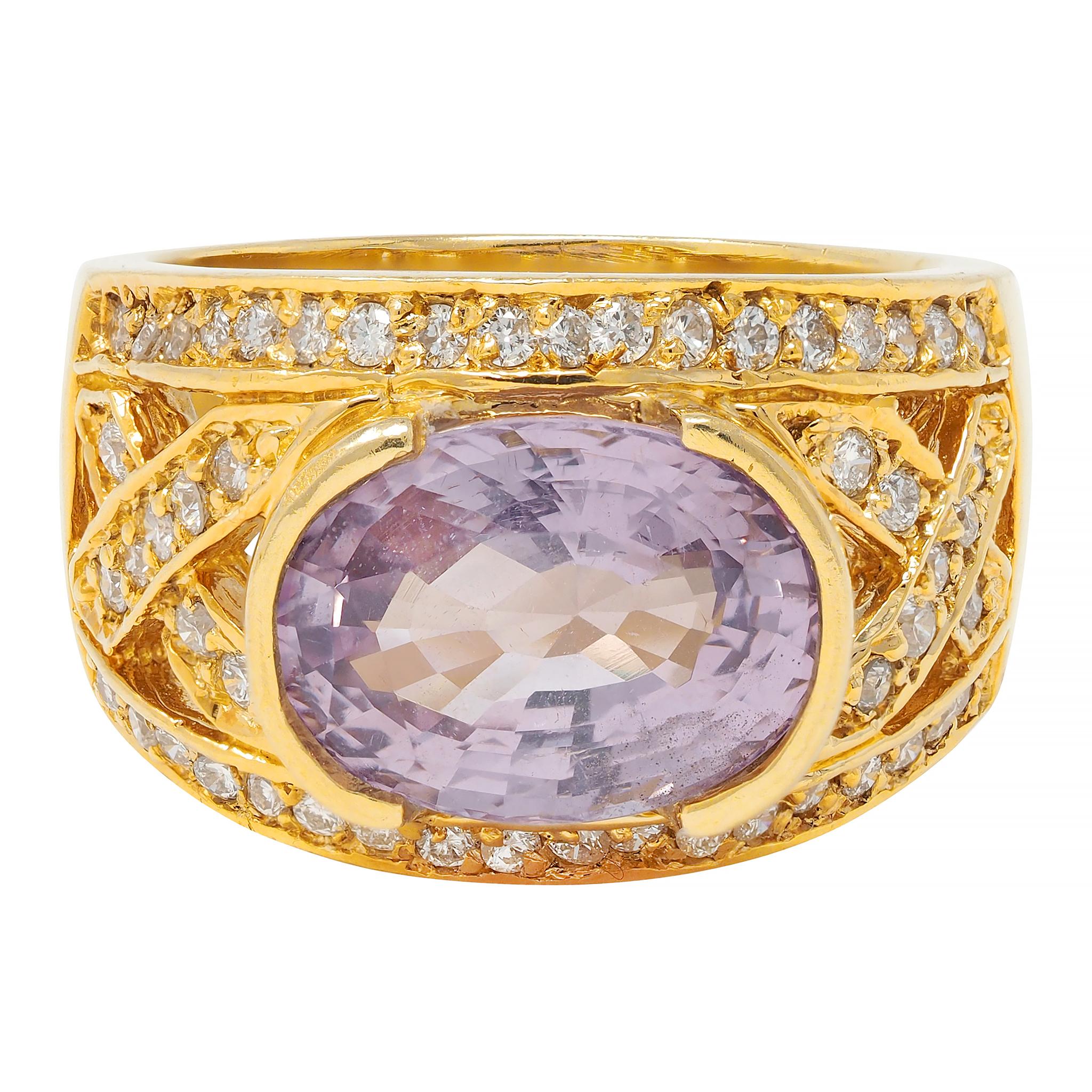 Vintage 5.55 CTW Purple Pink Spinel Diamond 18 Karat Yellow Gold Wide Band Ring