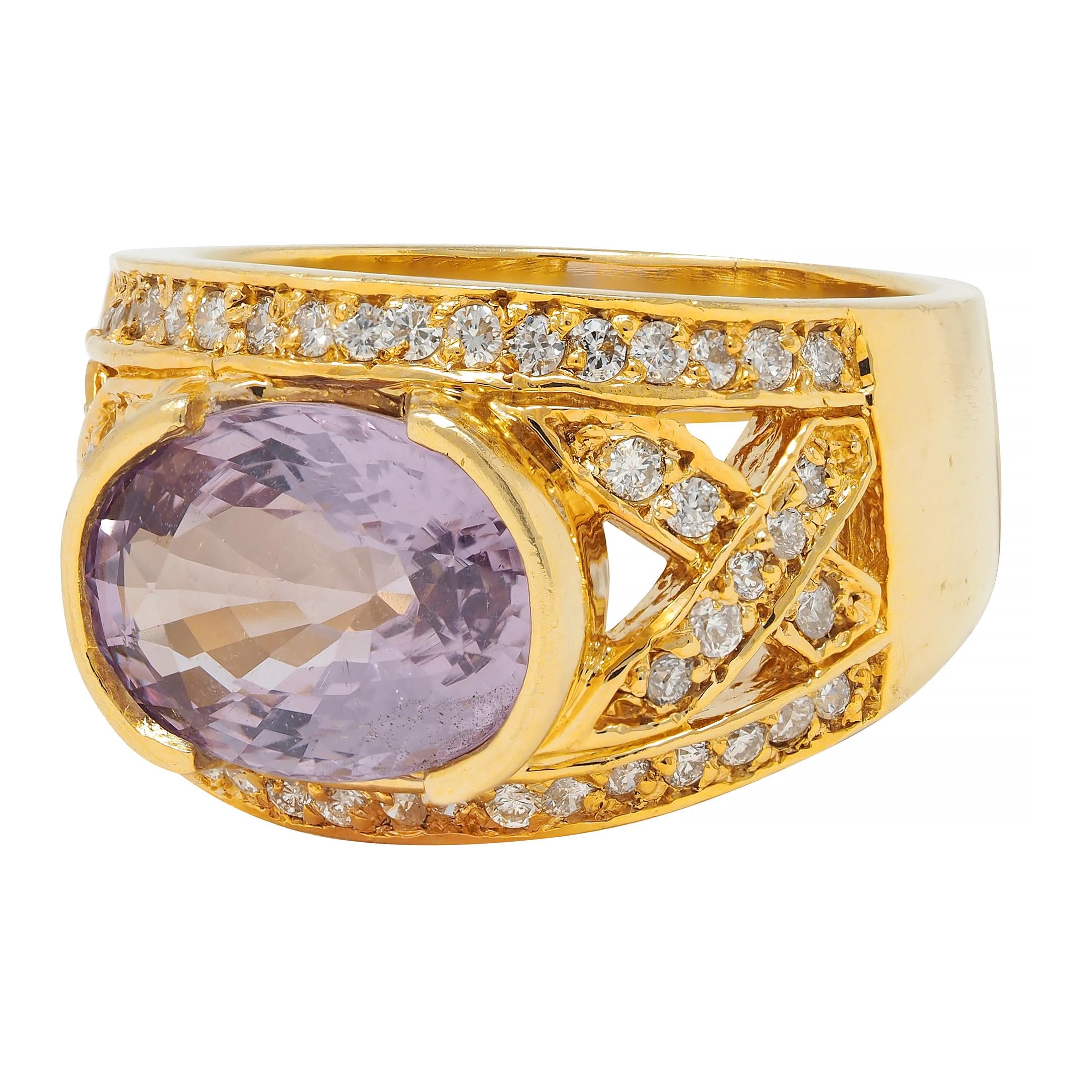 Vintage 5.55 CTW Purple Pink Spinel Diamond 18 Karat Yellow Gold Wide Band Ring