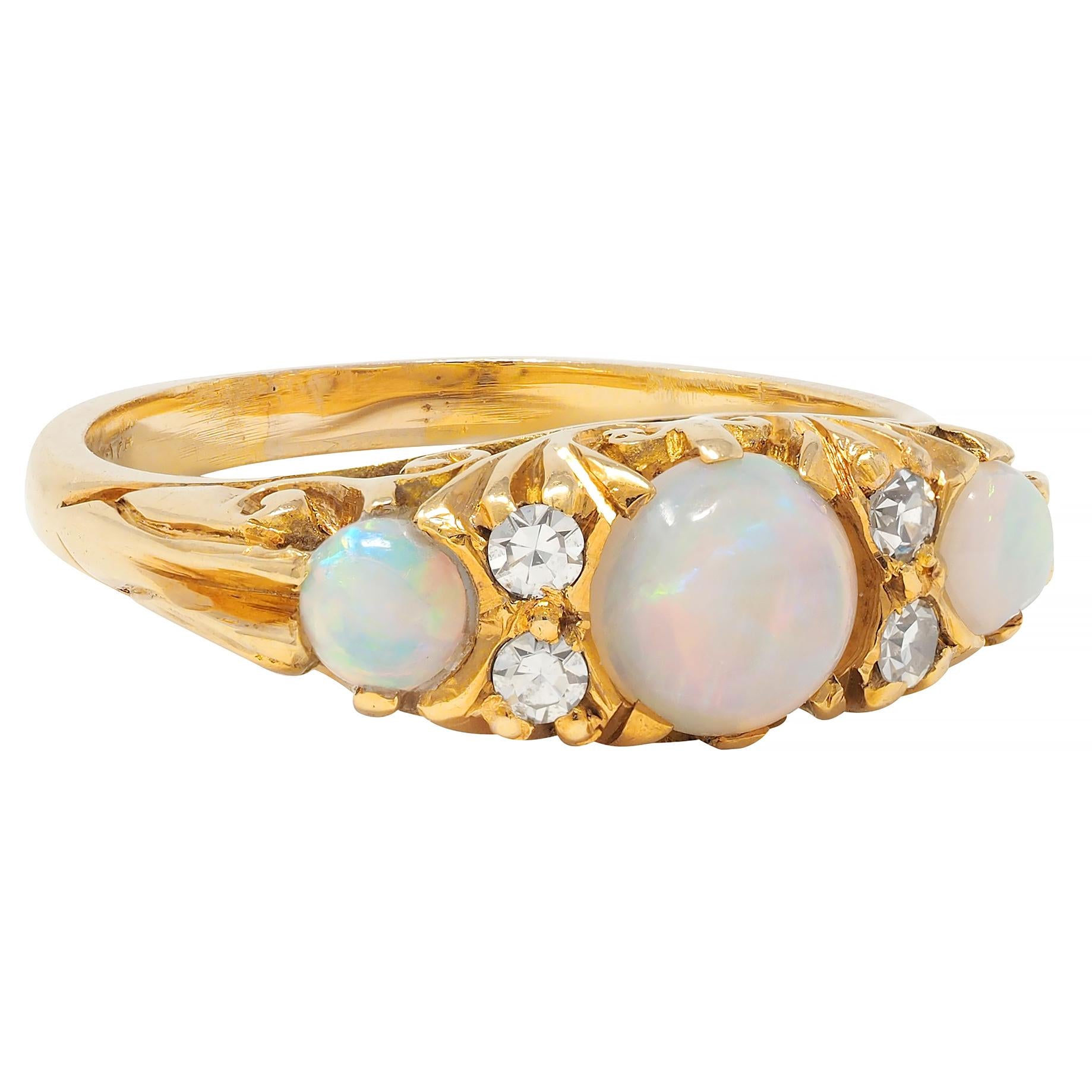 Art Nouveau Opal Diamond 18 Karat Yellow Gold Antique Scroll Band Ring