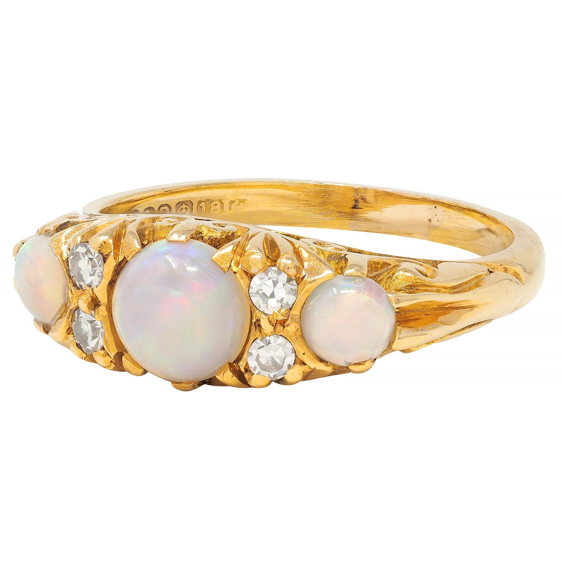 Art Nouveau Opal Diamond 18 Karat Yellow Gold Antique Scroll Band Ring