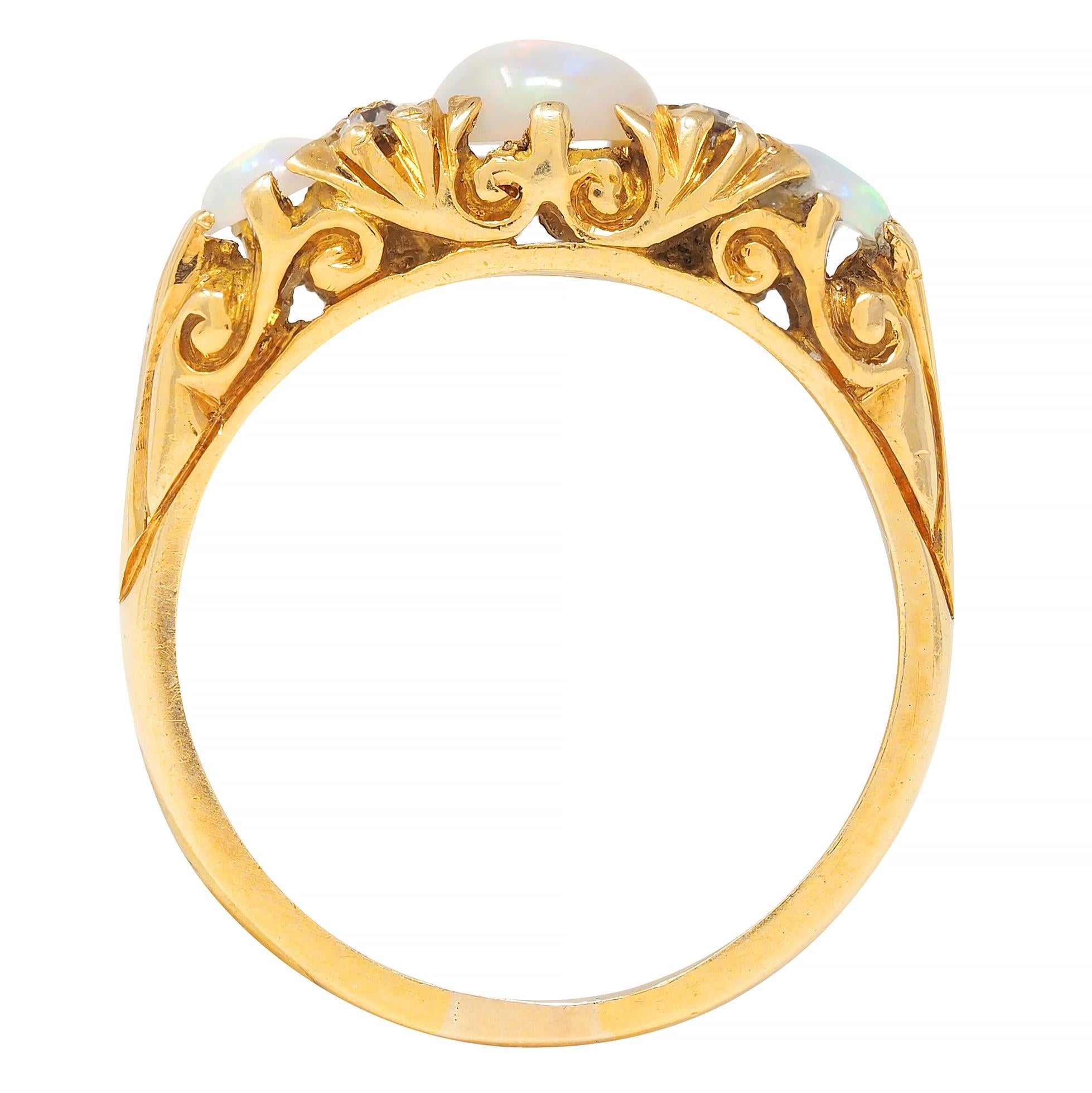 Art Nouveau Opal Diamond 18 Karat Yellow Gold Antique Scroll Band Ring