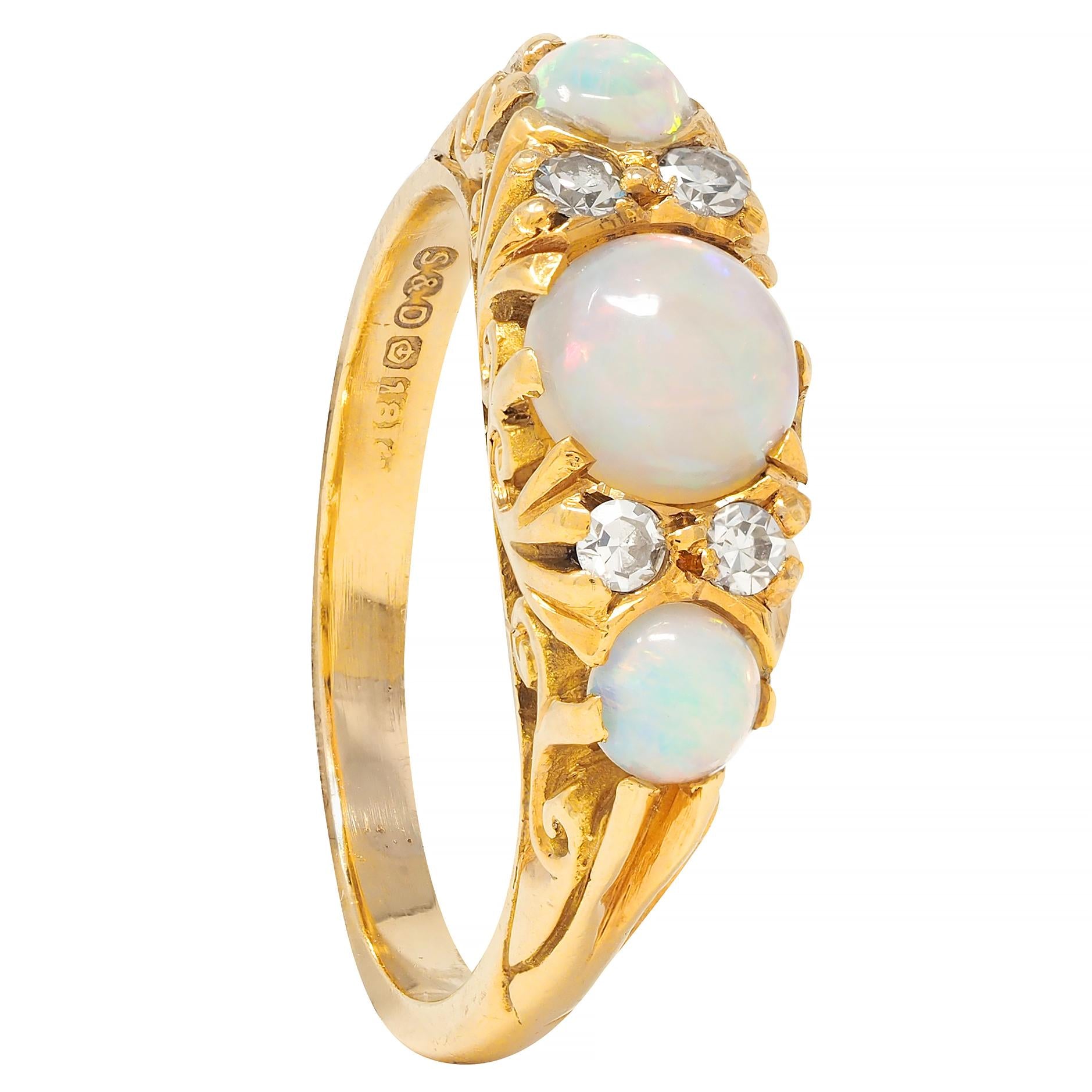 Art Nouveau Opal Diamond 18 Karat Yellow Gold Antique Scroll Band Ring