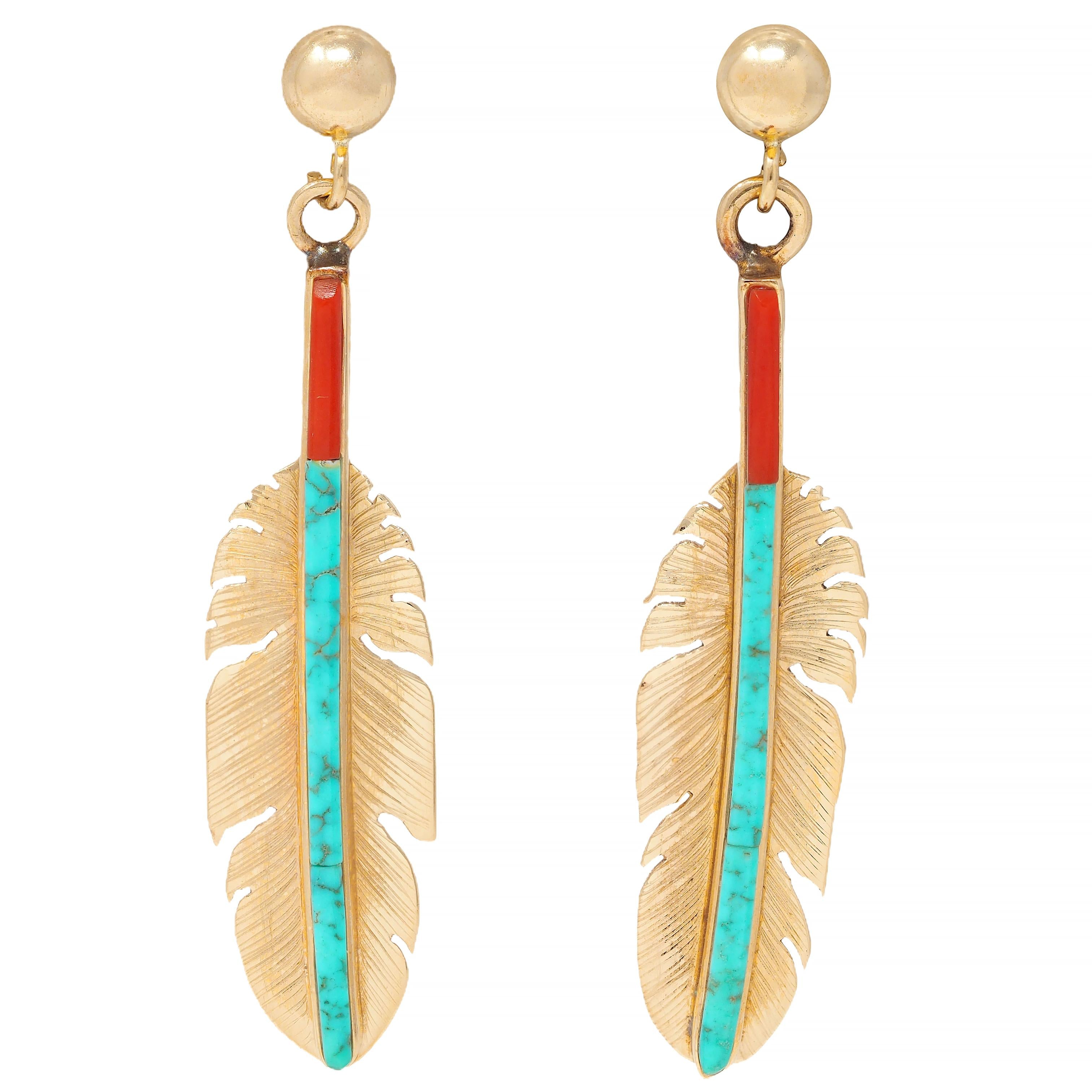 Turquoise Carnelian 14 Karat Yellow Gold Vintage Feather Drop Earrings