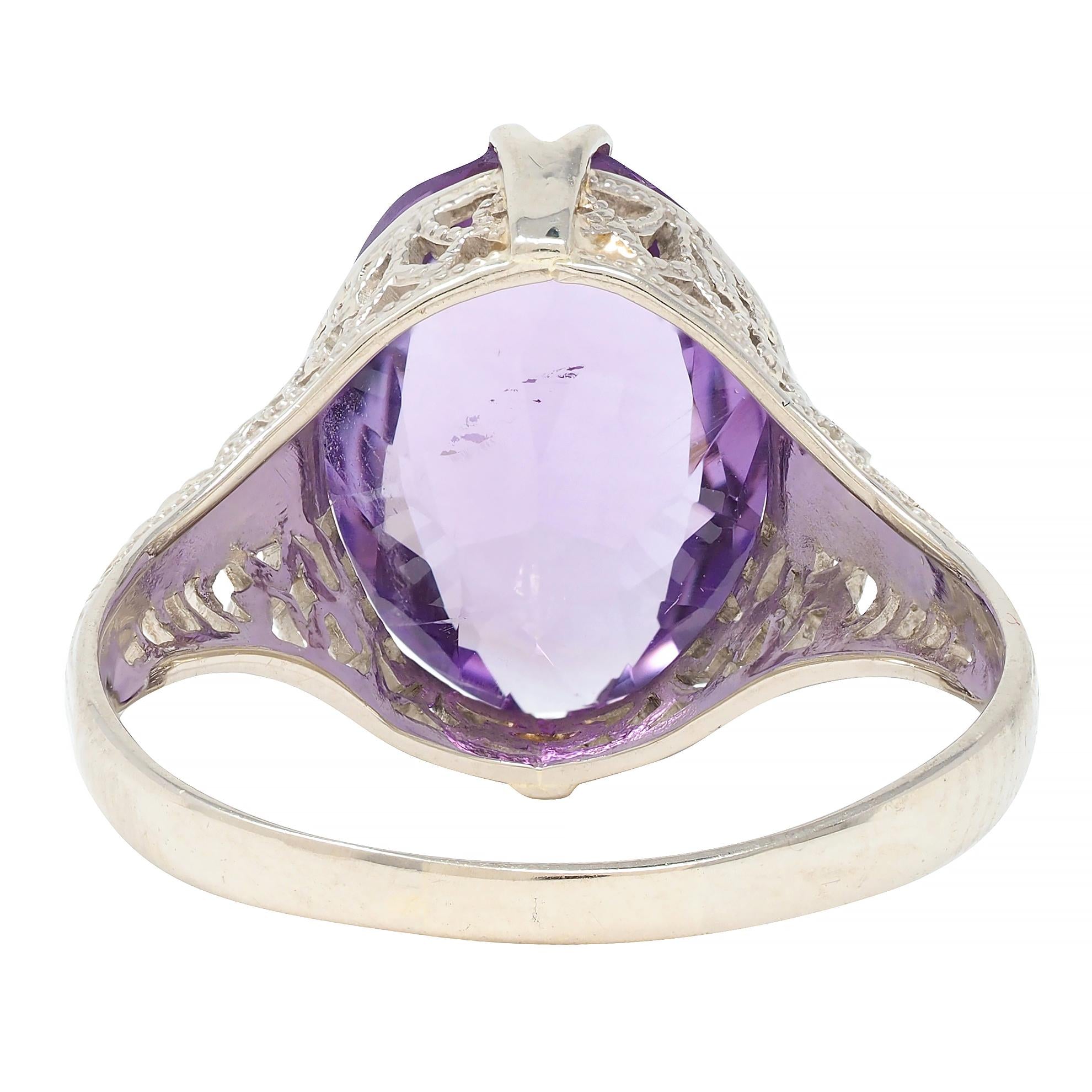 Art Deco Amethyst 14 Karat White Gold Foliate Filigree Vintage Ring