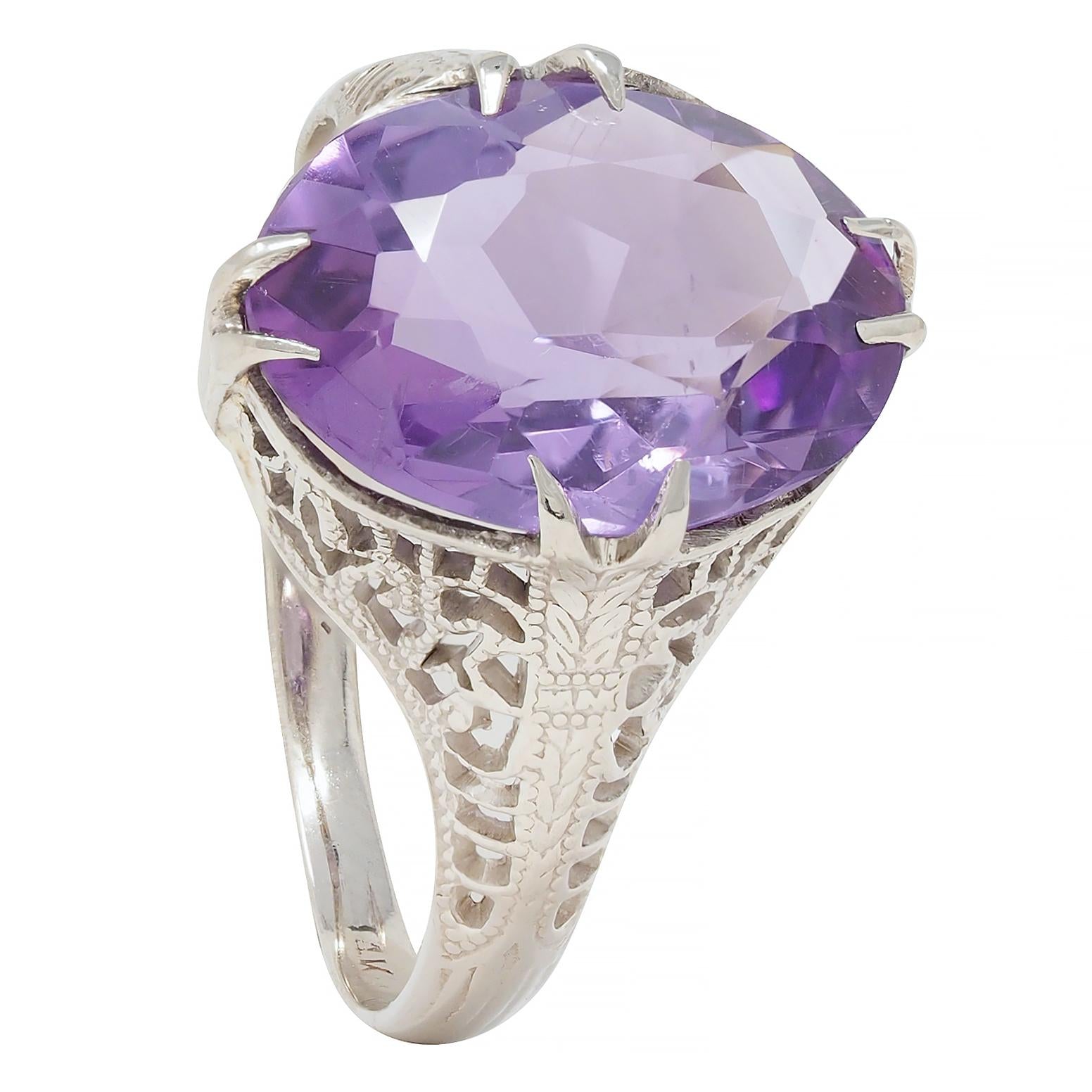 Art Deco Amethyst 14 Karat White Gold Foliate Filigree Vintage Ring