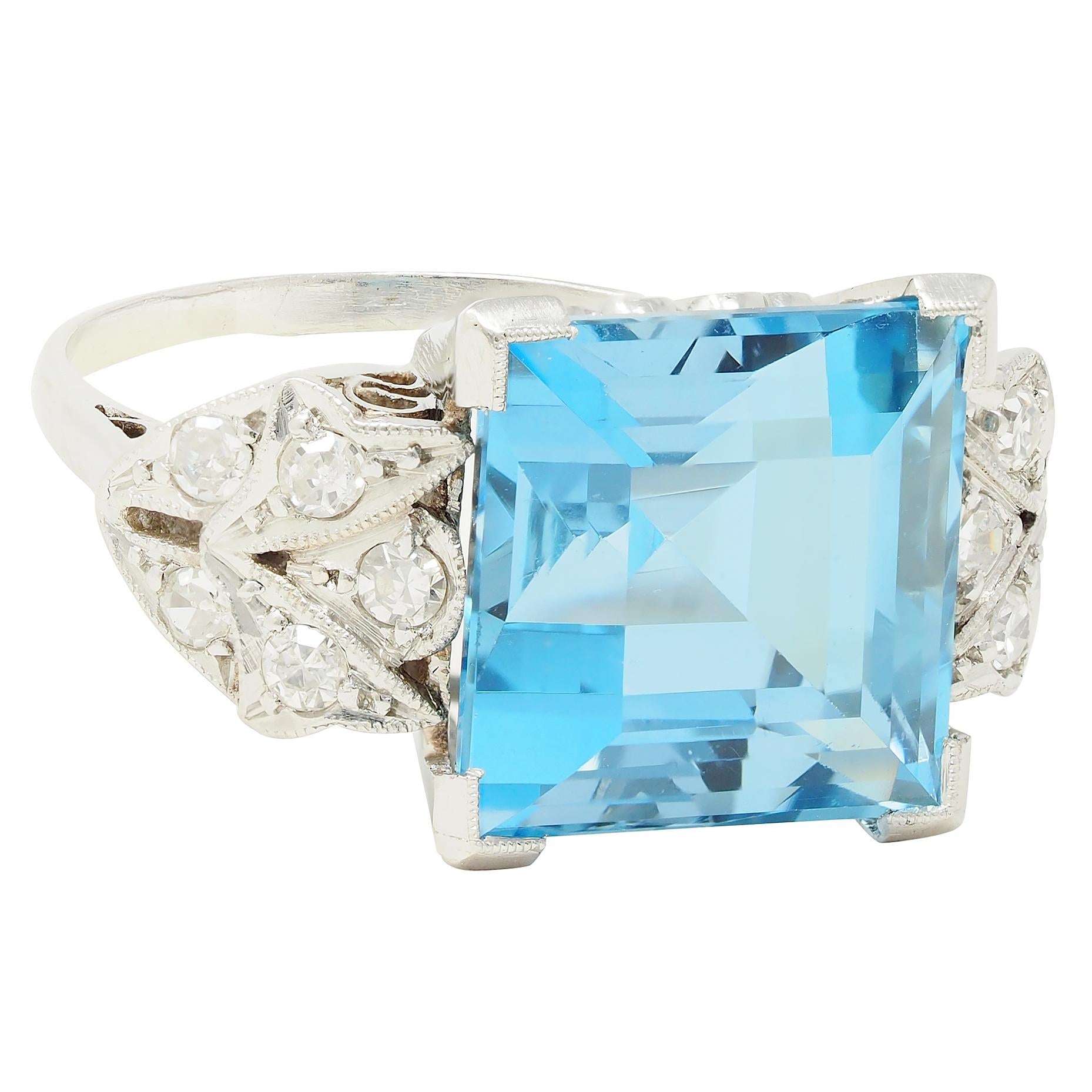 Art Deco 9.01 CTW Step Cut Aquamarine Diamond Platinum Vintage Cocktail Ring