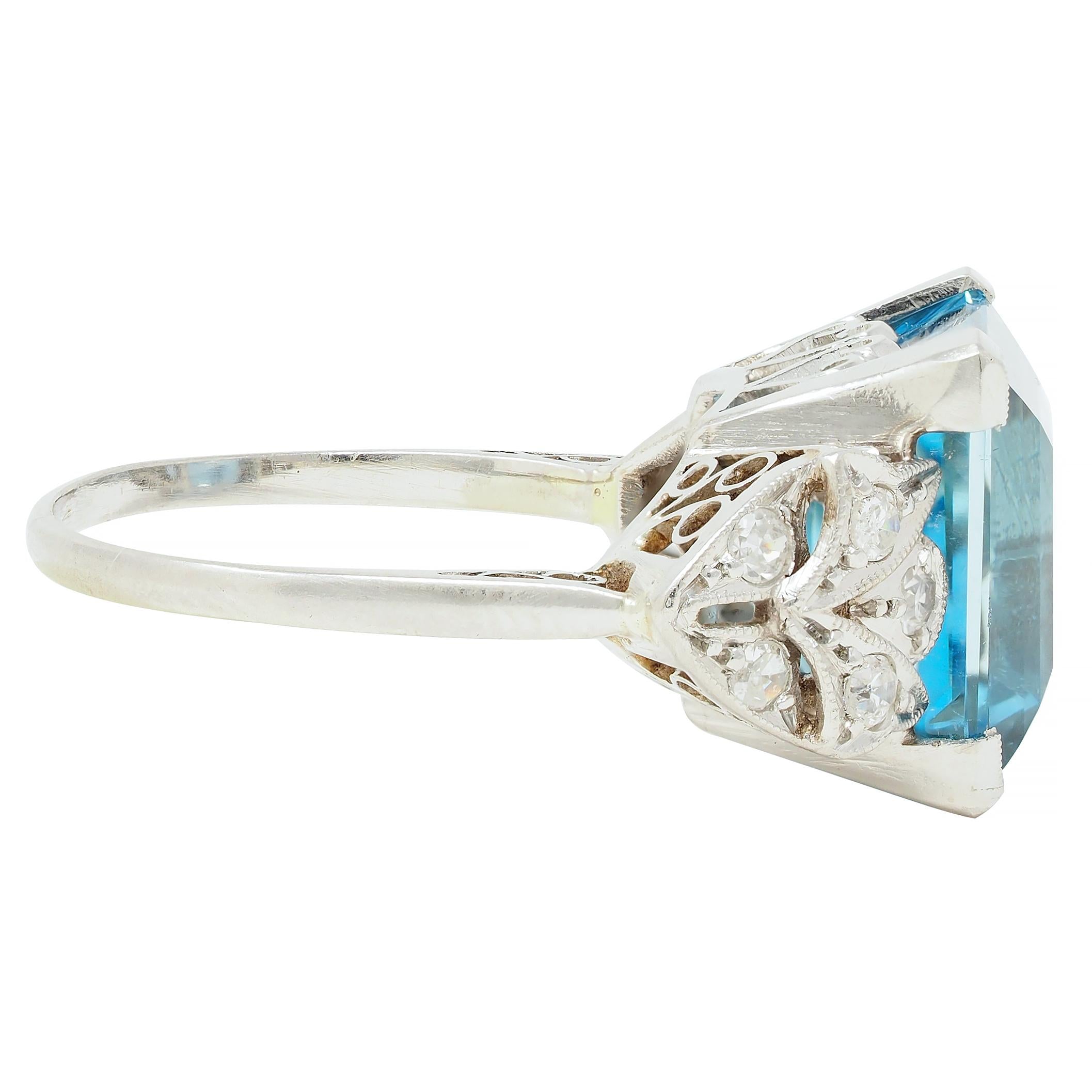 Art Deco 9.01 CTW Step Cut Aquamarine Diamond Platinum Vintage Cocktail Ring