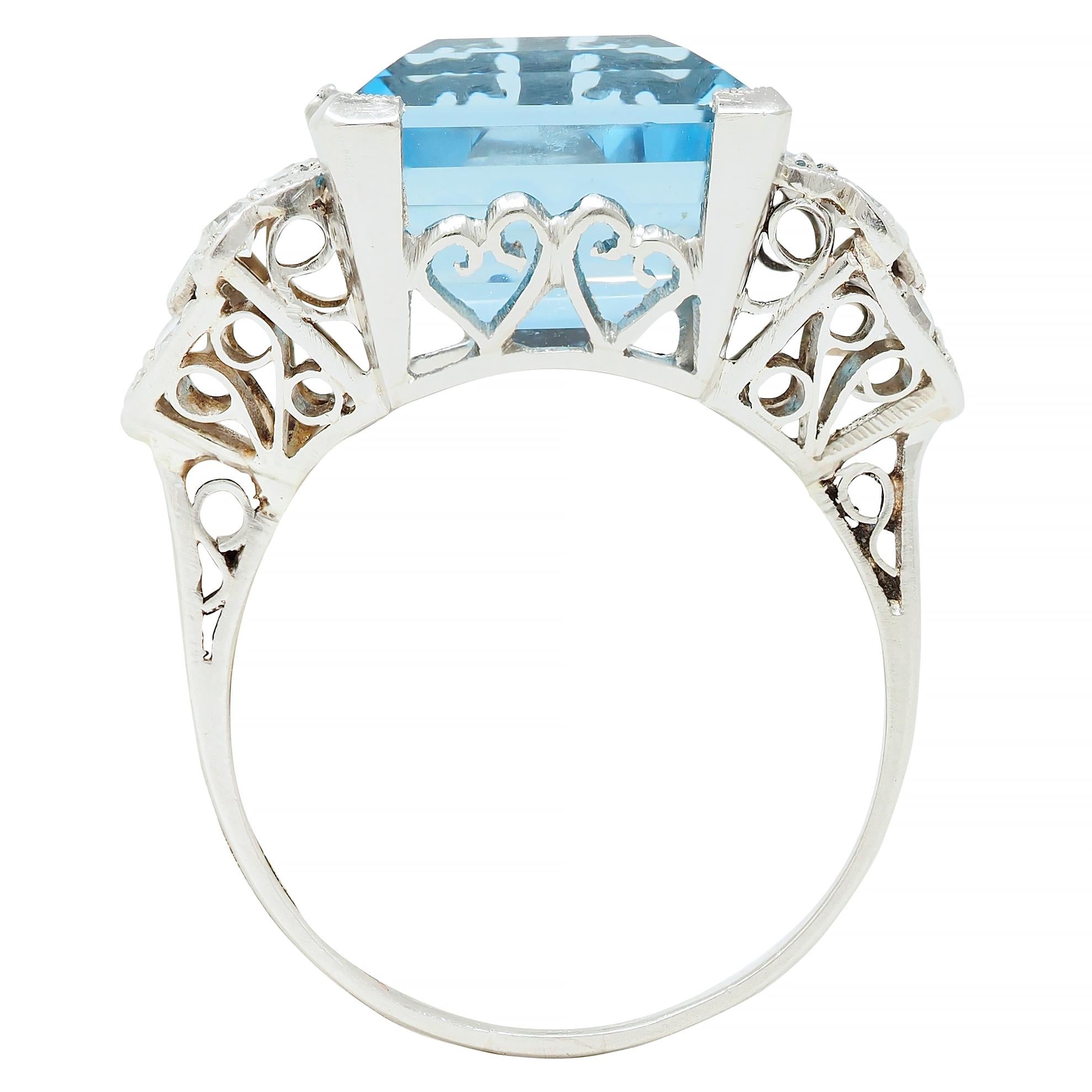 Art Deco 9.01 CTW Step Cut Aquamarine Diamond Platinum Vintage Cocktail Ring