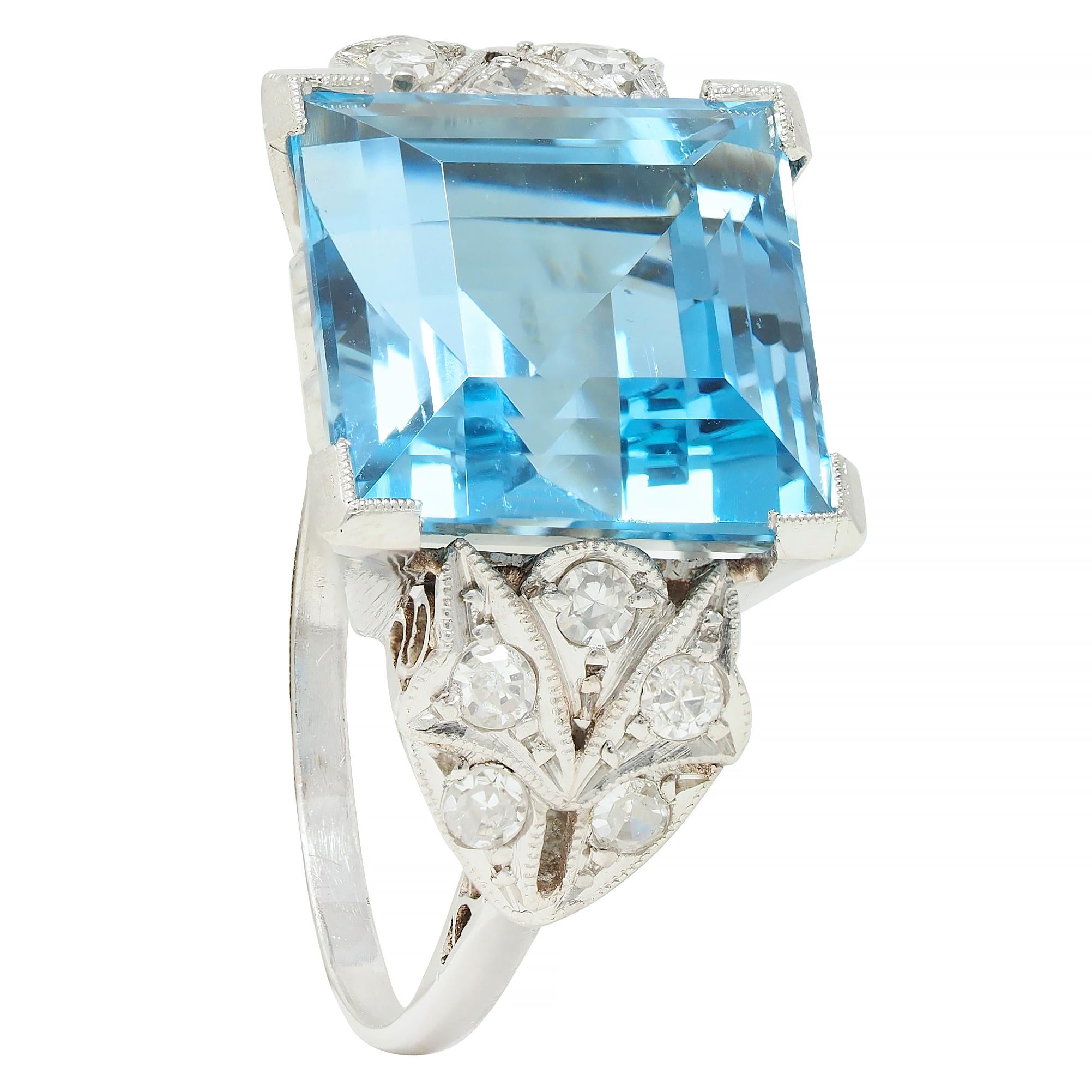 Art Deco 9.01 CTW Step Cut Aquamarine Diamond Platinum Vintage Cocktail Ring