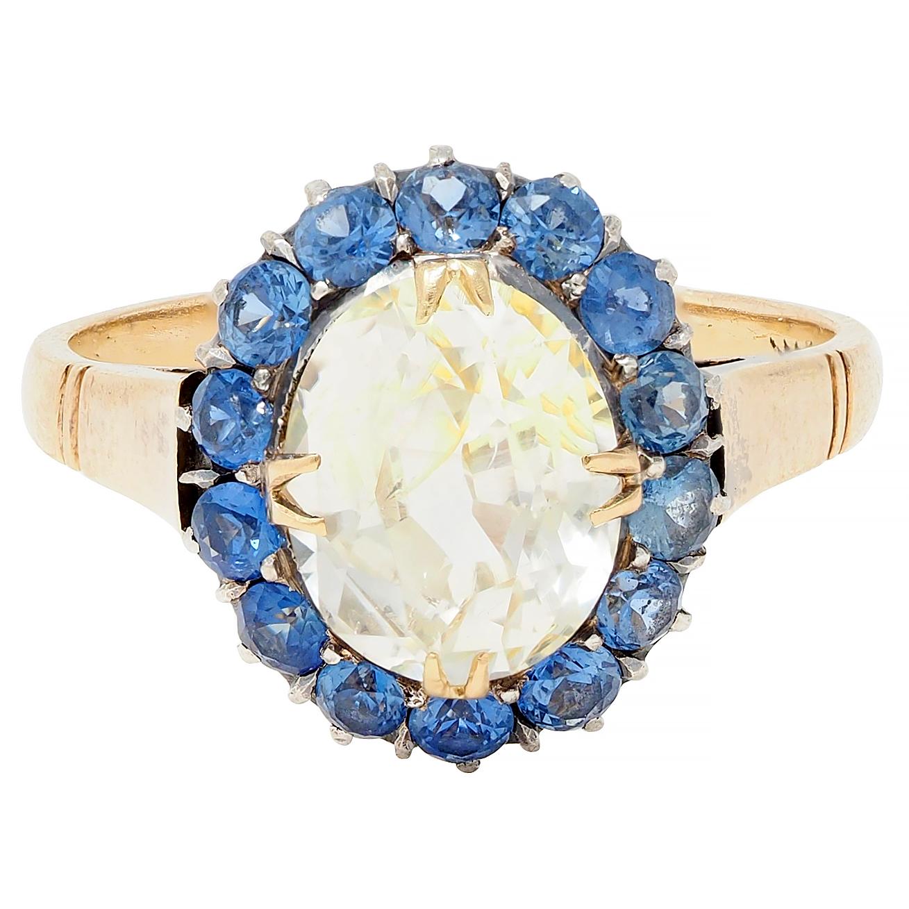 Victorian 3.10 CTW Yellow Sapphire Silver-Topped 14 Karat Gold Antique Halo Ring