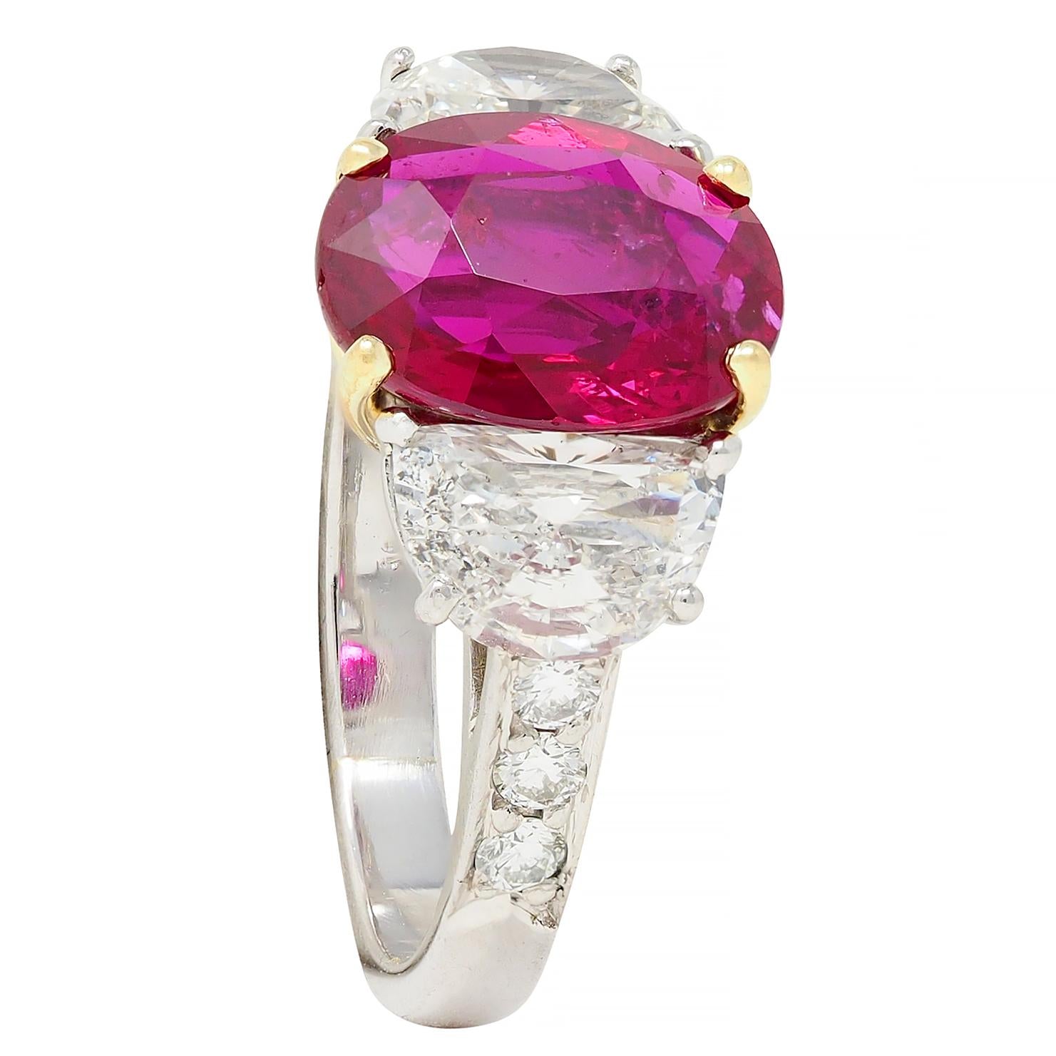 1980's 4.51 CTW No Heat Mozambique Ruby Diamond Platinum 18K Gold Ring AGL