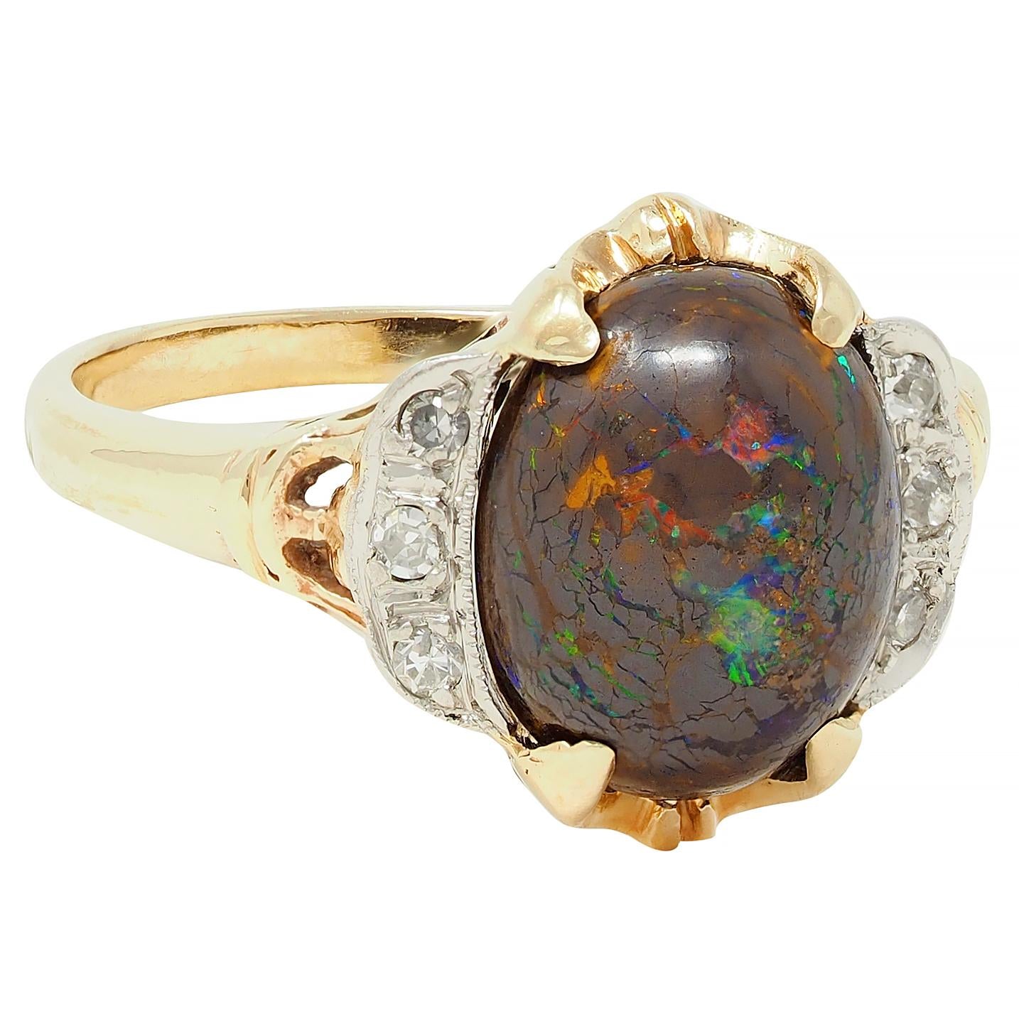 Early Art Deco Boulder Opal Diamond Platinum 14 Karat Gold Antique Garland Ring