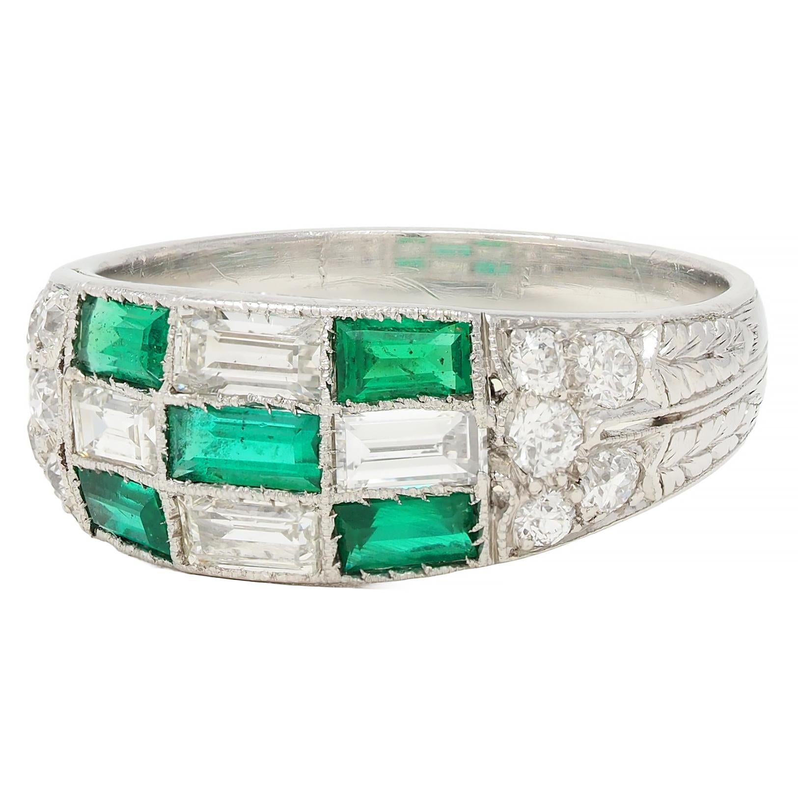 Art Deco 1.22 CTW Emerald Diamond Platinum Antique Checkerboard Band Ring