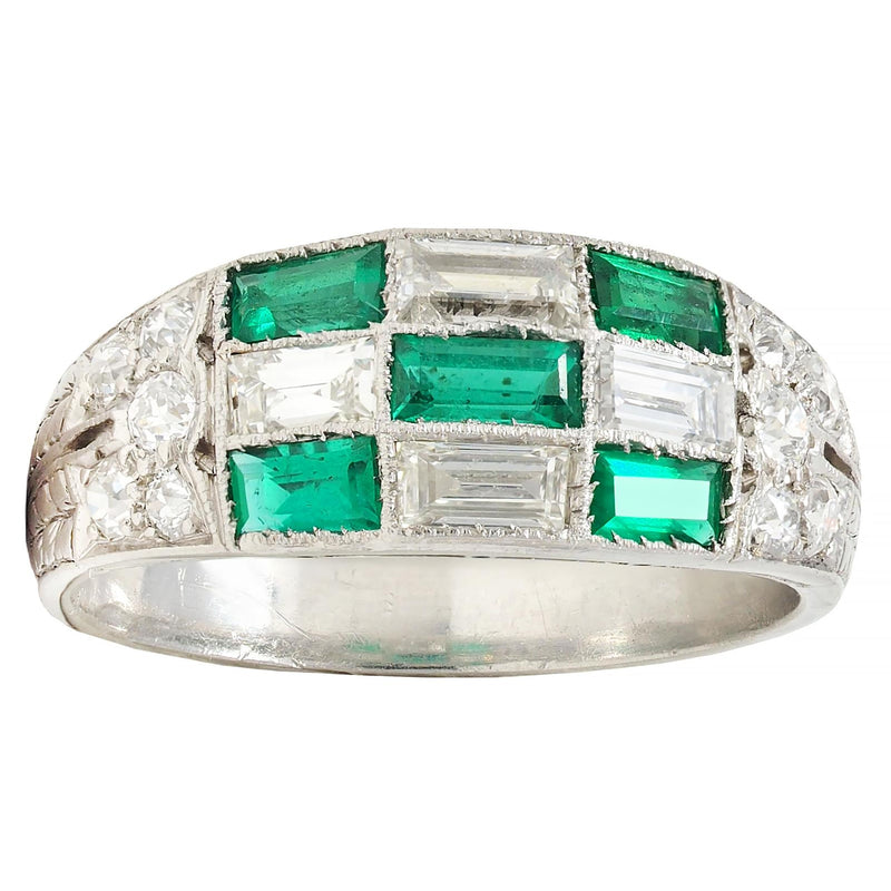 Art Deco 1.22 CTW Emerald Diamond Platinum Antique Checkerboard Band Ring