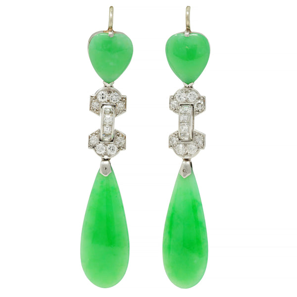 Art Deco 2.72 CTW Step Diamond Jade Platinum Heart Antique Dangle Drop Earrings