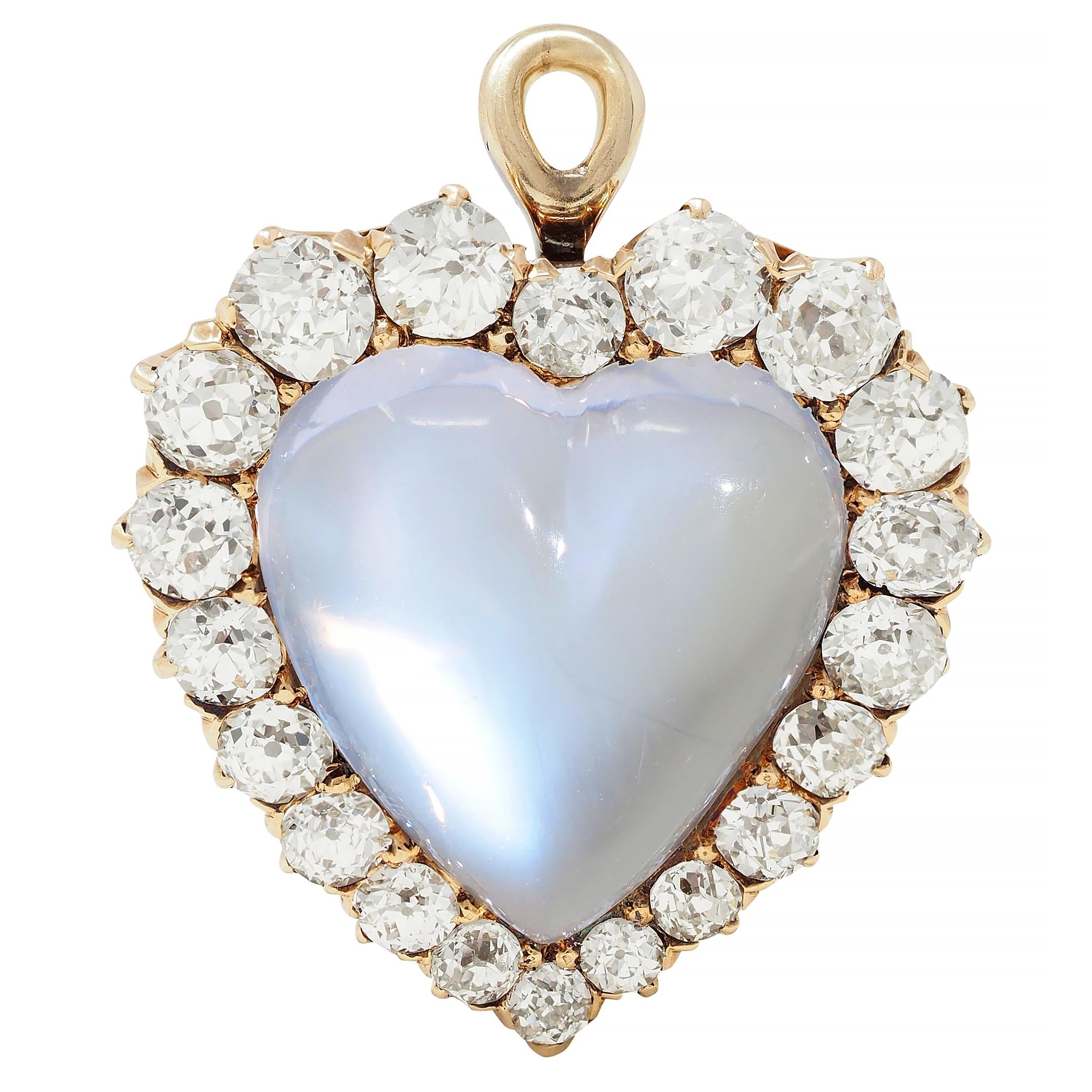 Victorian 1.63 CTW Diamond Moonstone 14 Karat Gold Antique Heart Pendant Brooch