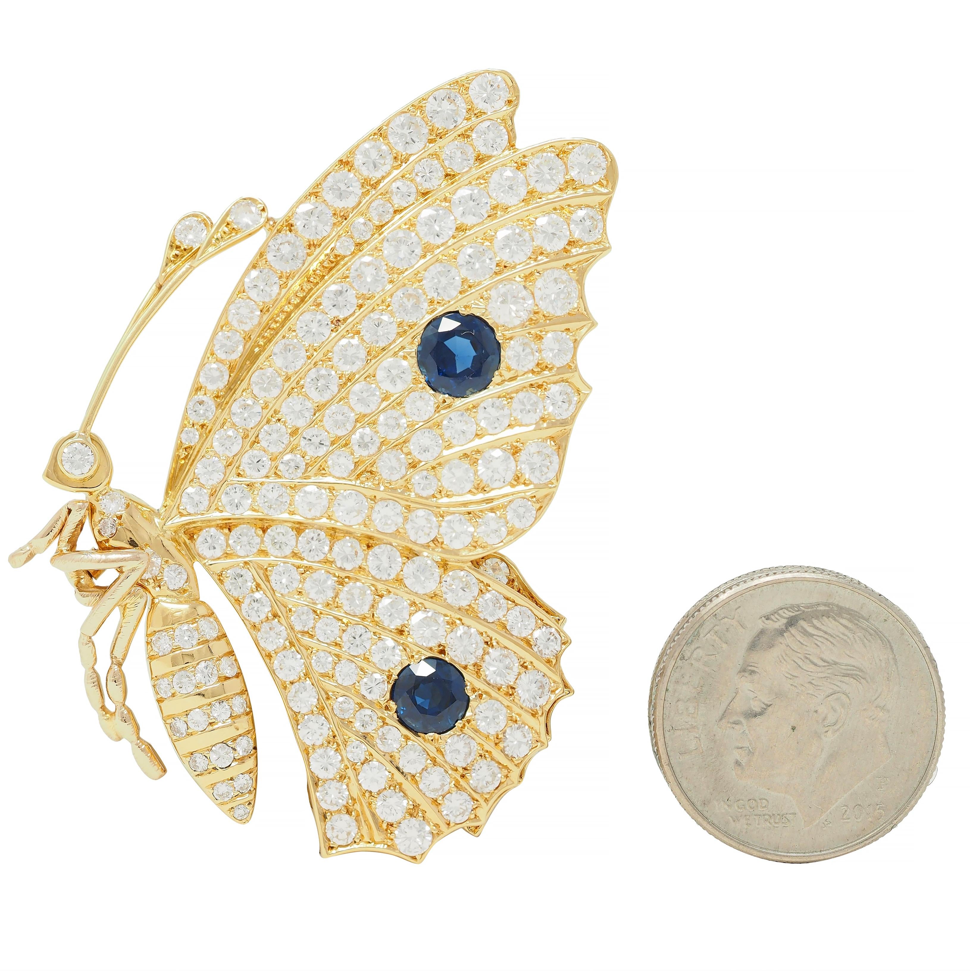 Vintage 6.50 CTW Sapphire Diamond 18 Karat Yellow Gold Vintage Butterfly Brooch