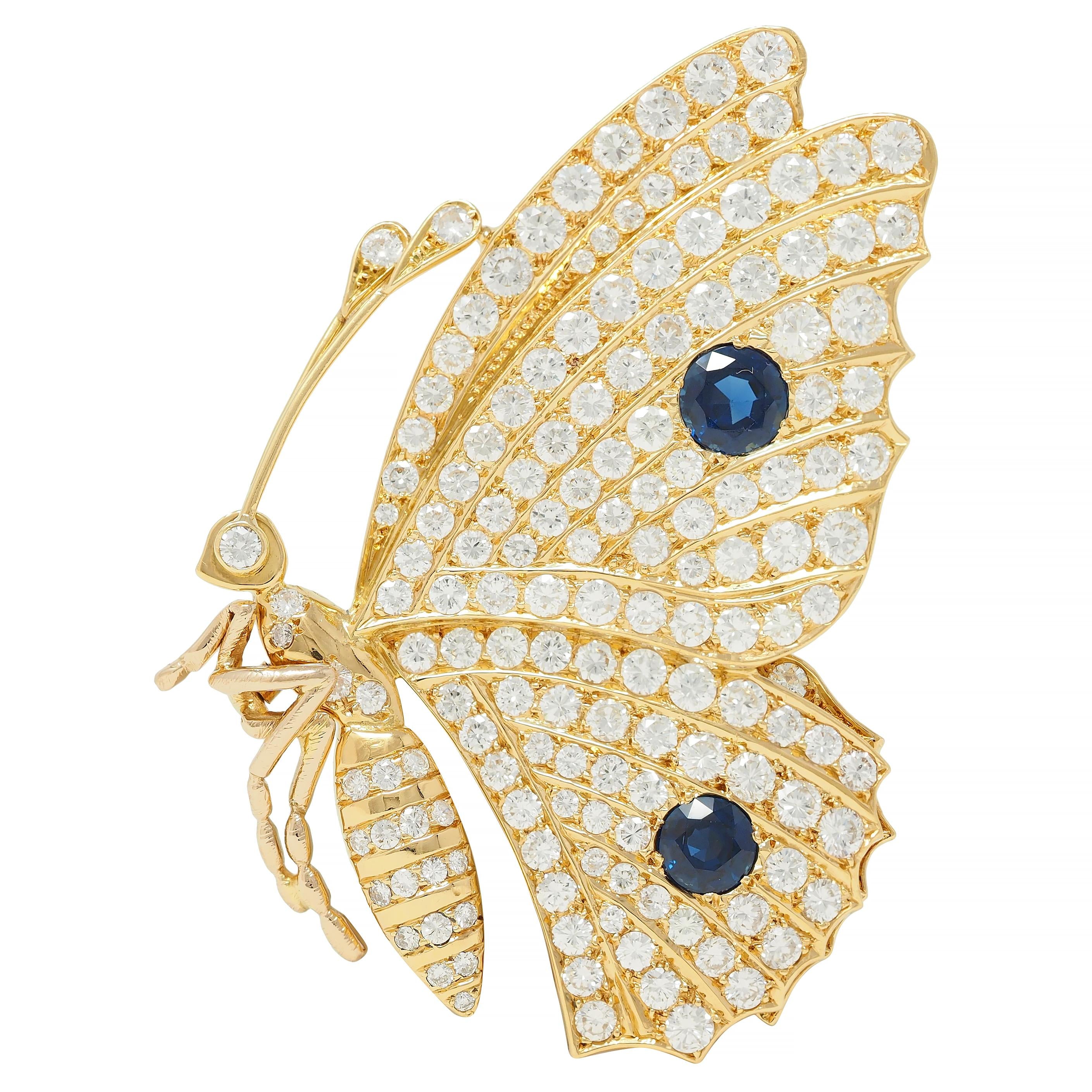 Vintage 6.50 CTW Sapphire Diamond 18 Karat Yellow Gold Vintage Butterfly Brooch