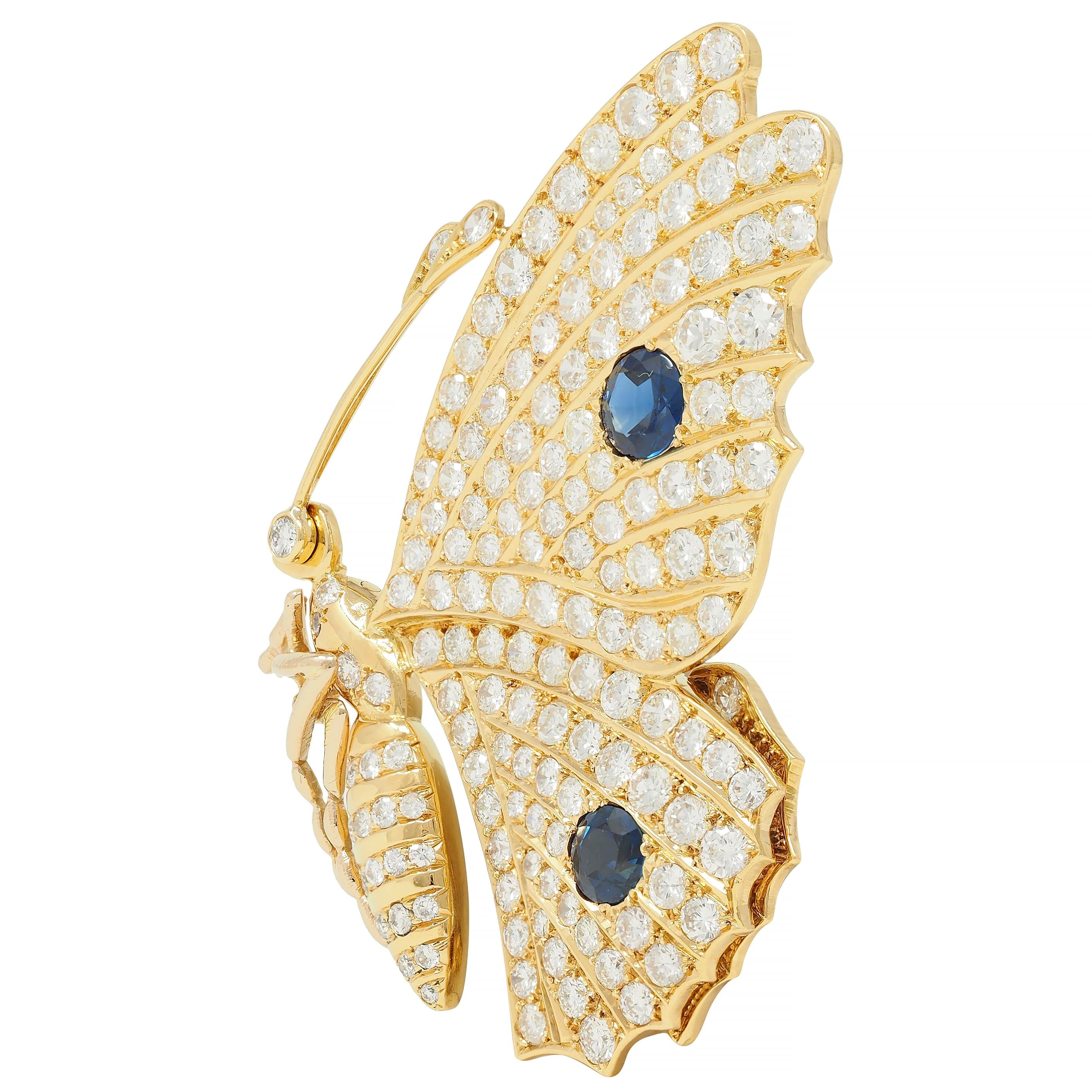 Vintage 6.50 CTW Sapphire Diamond 18 Karat Yellow Gold Vintage Butterfly Brooch