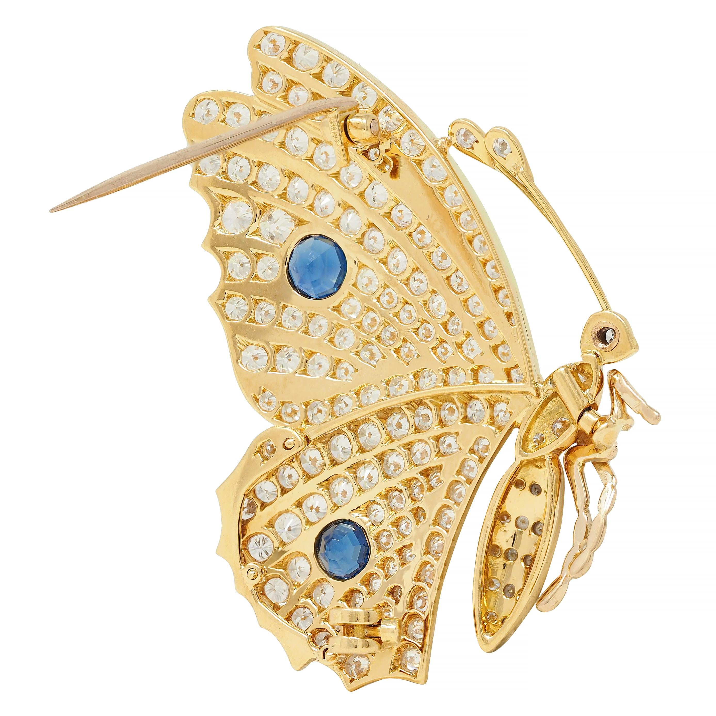 Vintage 6.50 CTW Sapphire Diamond 18 Karat Yellow Gold Vintage Butterfly Brooch