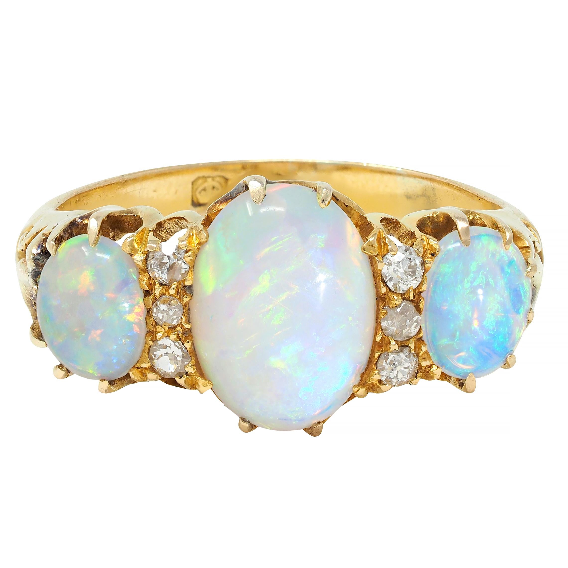 Victorian Opal Diamond 18 Karat Yellow Gold Antique Scroll Band Ring