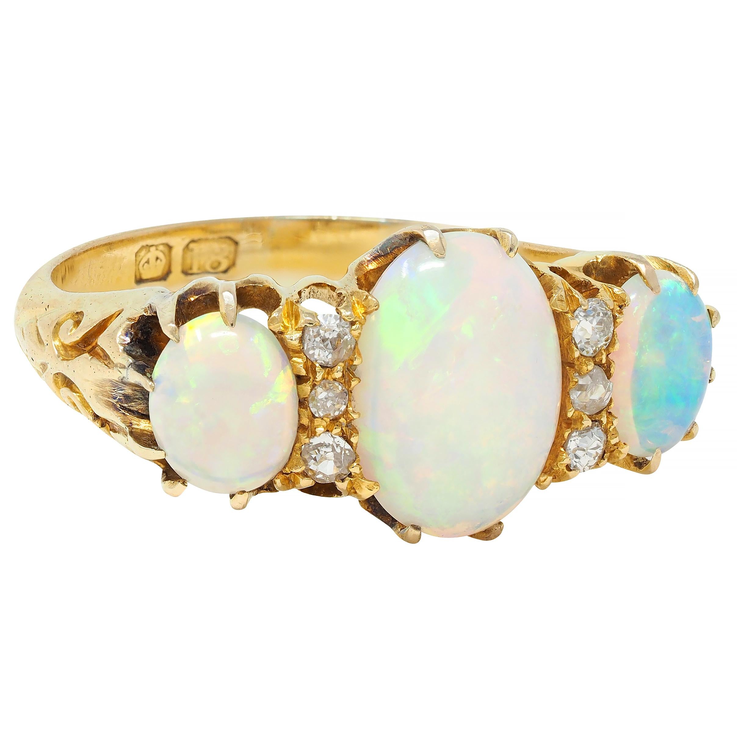 Victorian Opal Diamond 18 Karat Yellow Gold Antique Scroll Band Ring