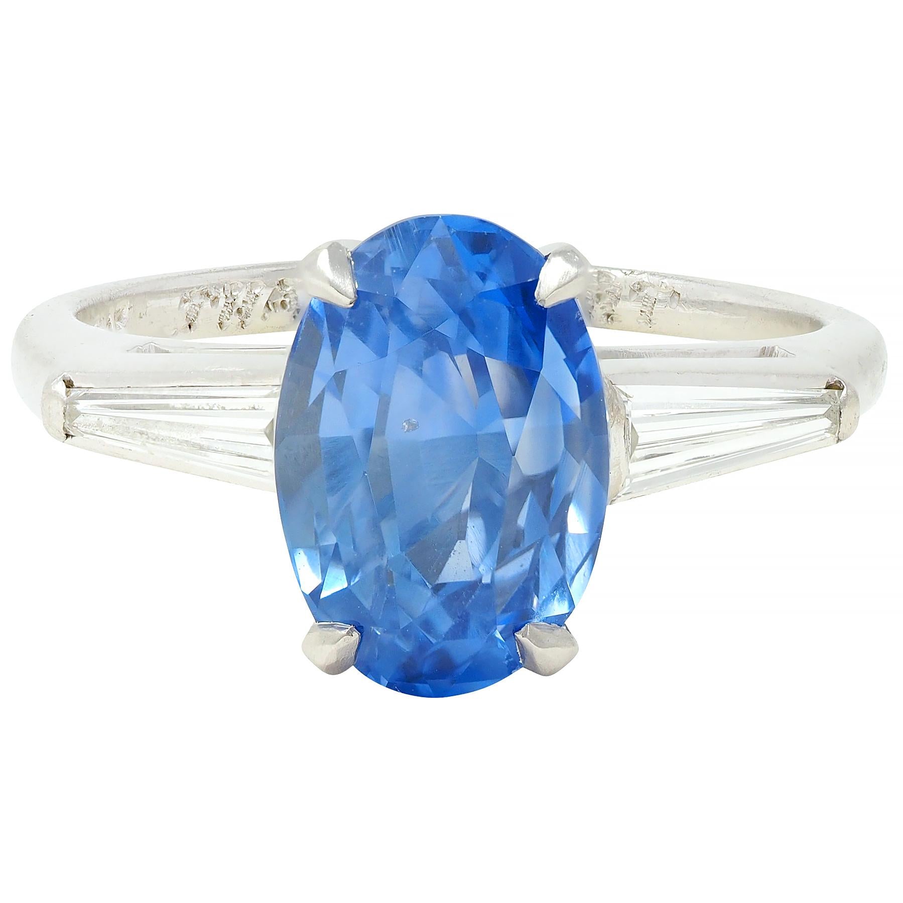 Mid-Century 4.29 CTW No Heat Ceylon Sapphire Diamond Platinum Vintage Ring GIA