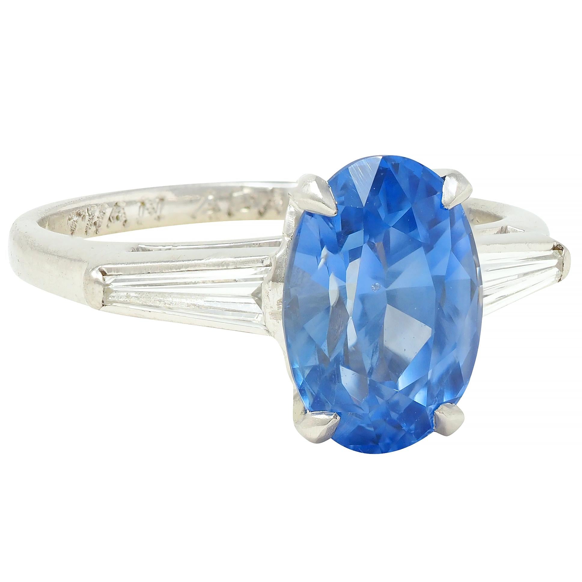 Mid-Century 4.29 CTW No Heat Ceylon Sapphire Diamond Platinum Vintage Ring GIA