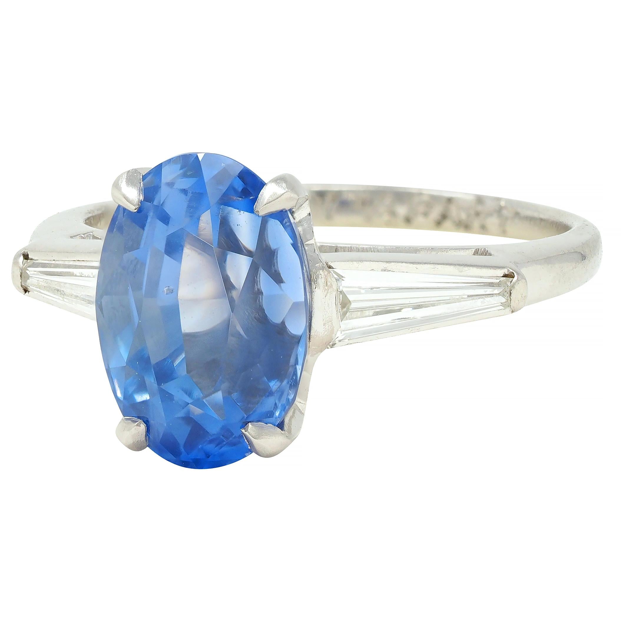 Mid-Century 4.29 CTW No Heat Ceylon Sapphire Diamond Platinum Vintage Ring GIA