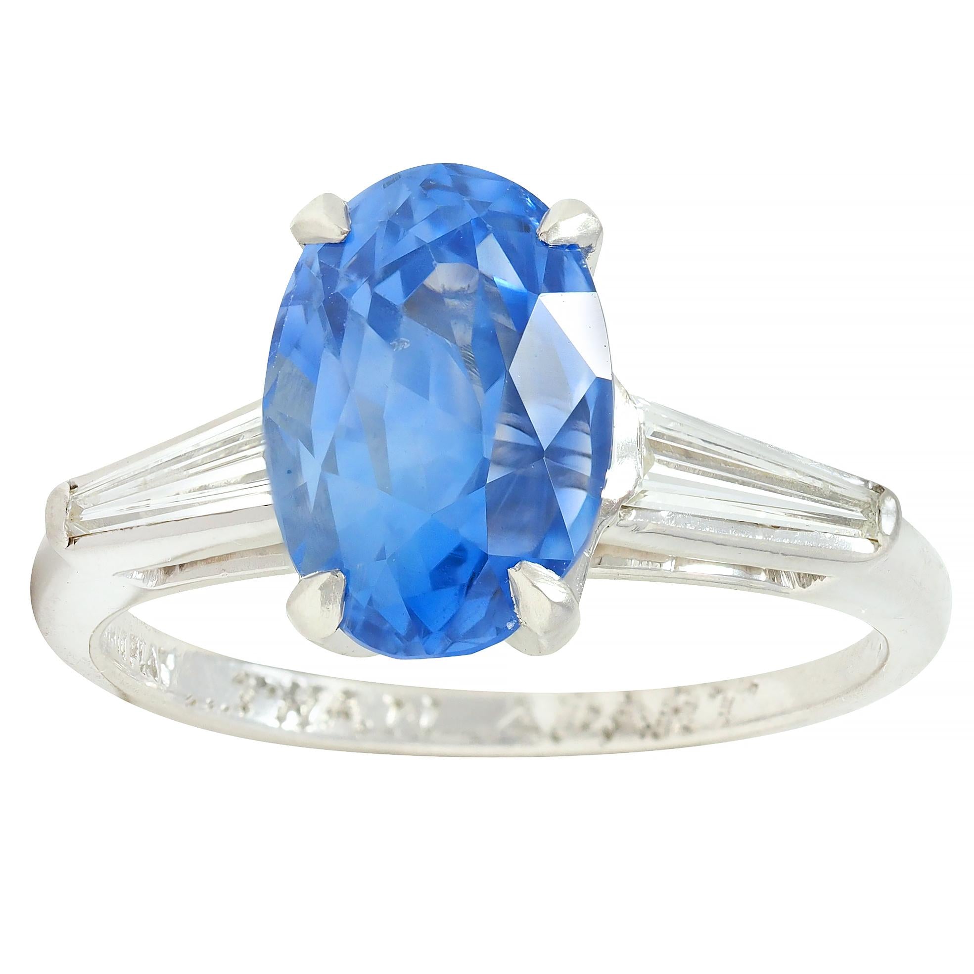 Mid-Century 4.29 CTW No Heat Ceylon Sapphire Diamond Platinum Vintage Ring GIA