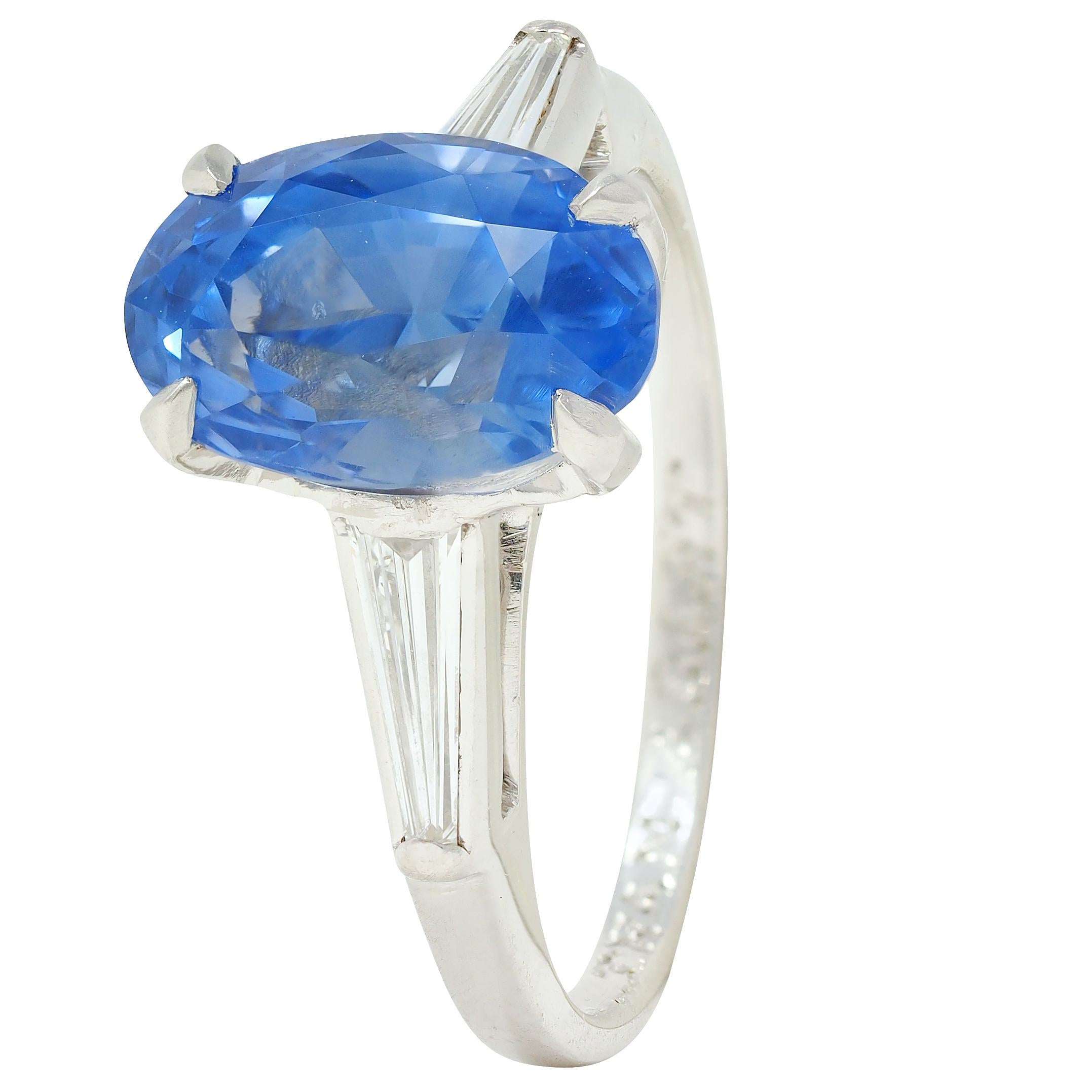 Mid-Century 4.29 CTW No Heat Ceylon Sapphire Diamond Platinum Vintage Ring GIA