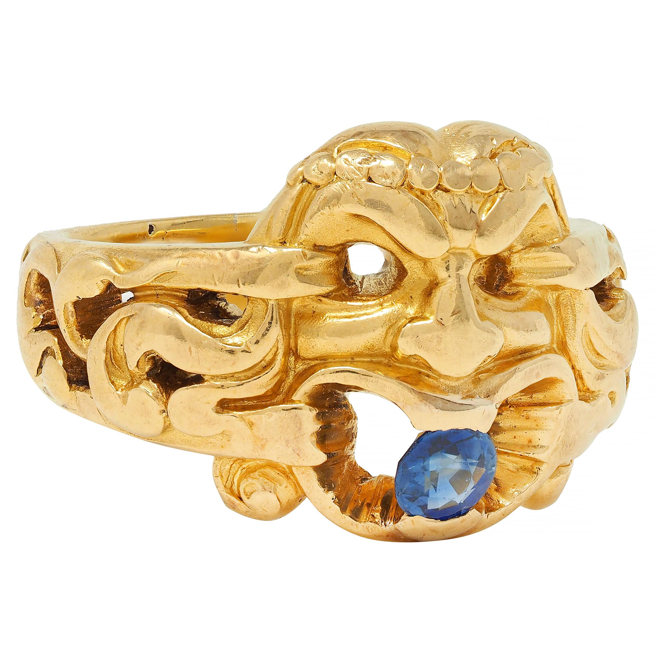 Victorian Sapphire 18 Karat Yellow Gold God Of Wind Antique Unisex Band Ring