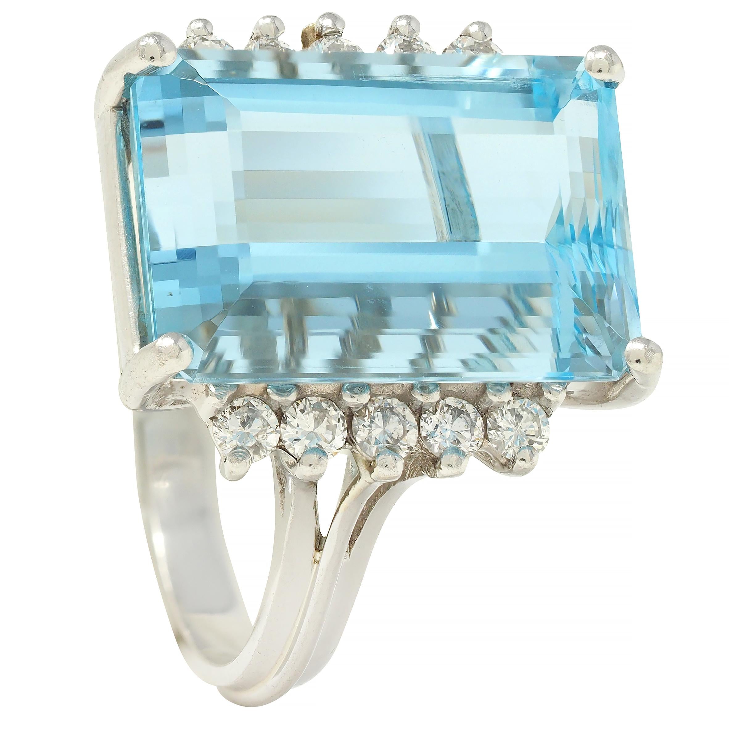 Mid- Century 9.35 CTW Aquamarine Diamond Platinum Vintage Cluster Cocktail Ring