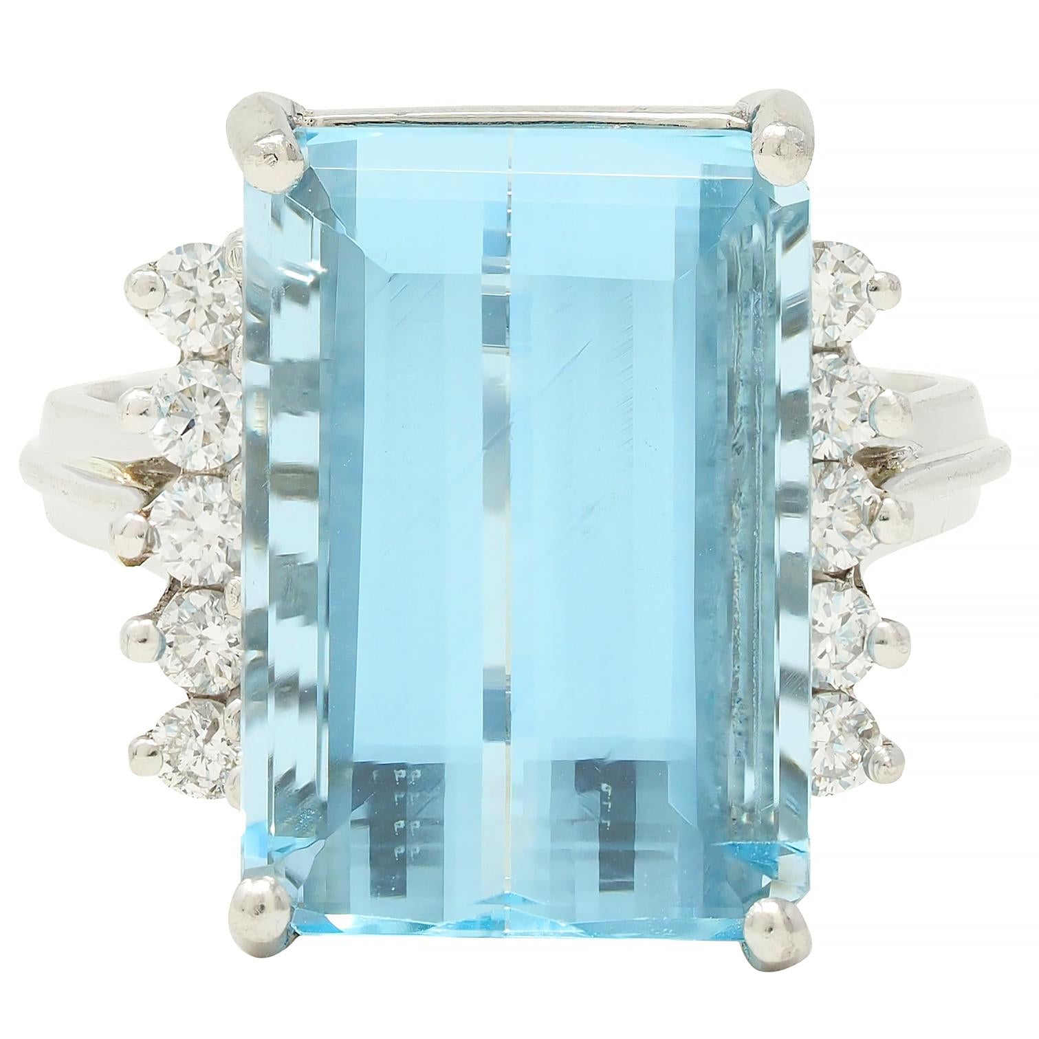 Mid- Century 9.35 CTW Aquamarine Diamond Platinum Vintage Cluster Cocktail Ring