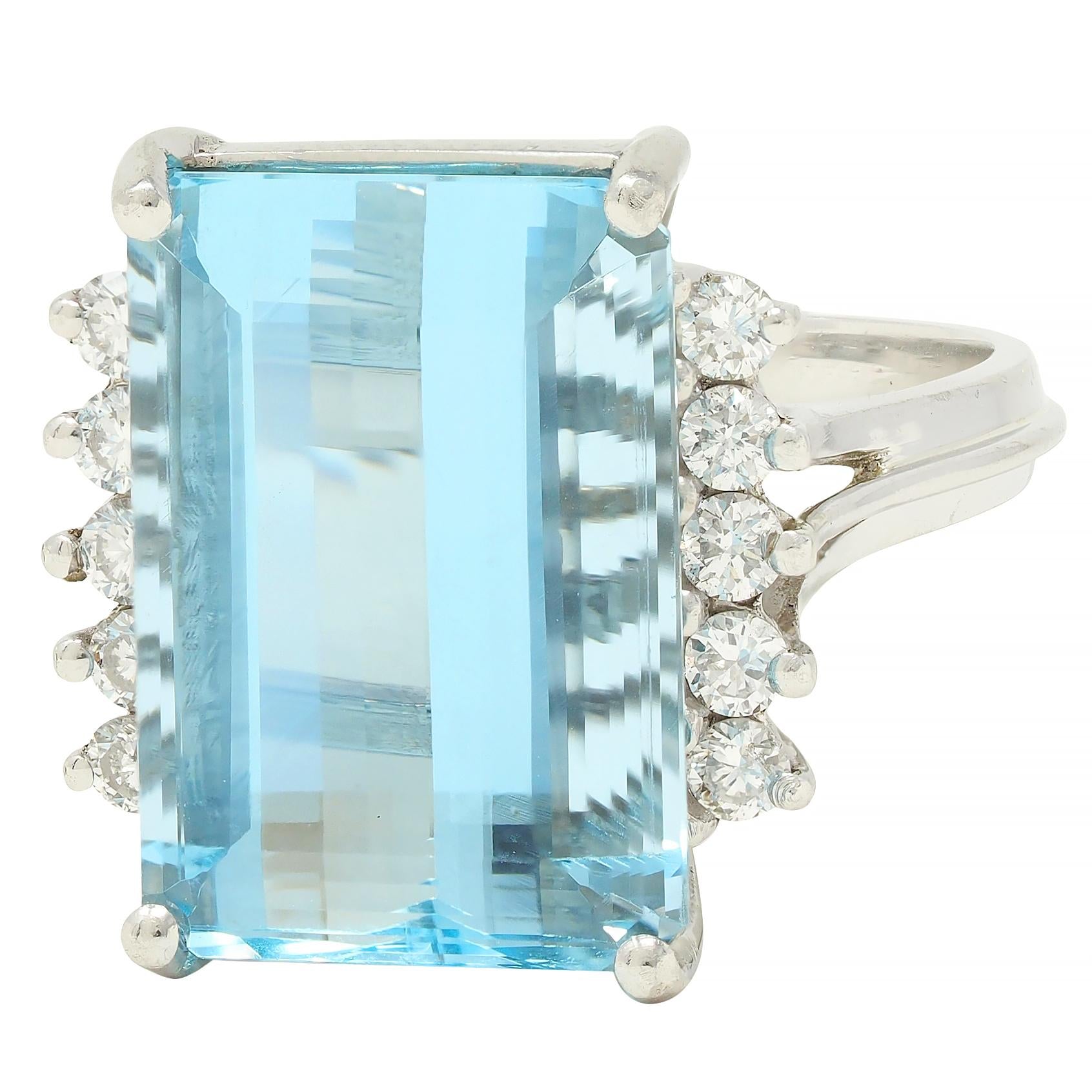 Mid- Century 9.35 CTW Aquamarine Diamond Platinum Vintage Cluster Cocktail Ring