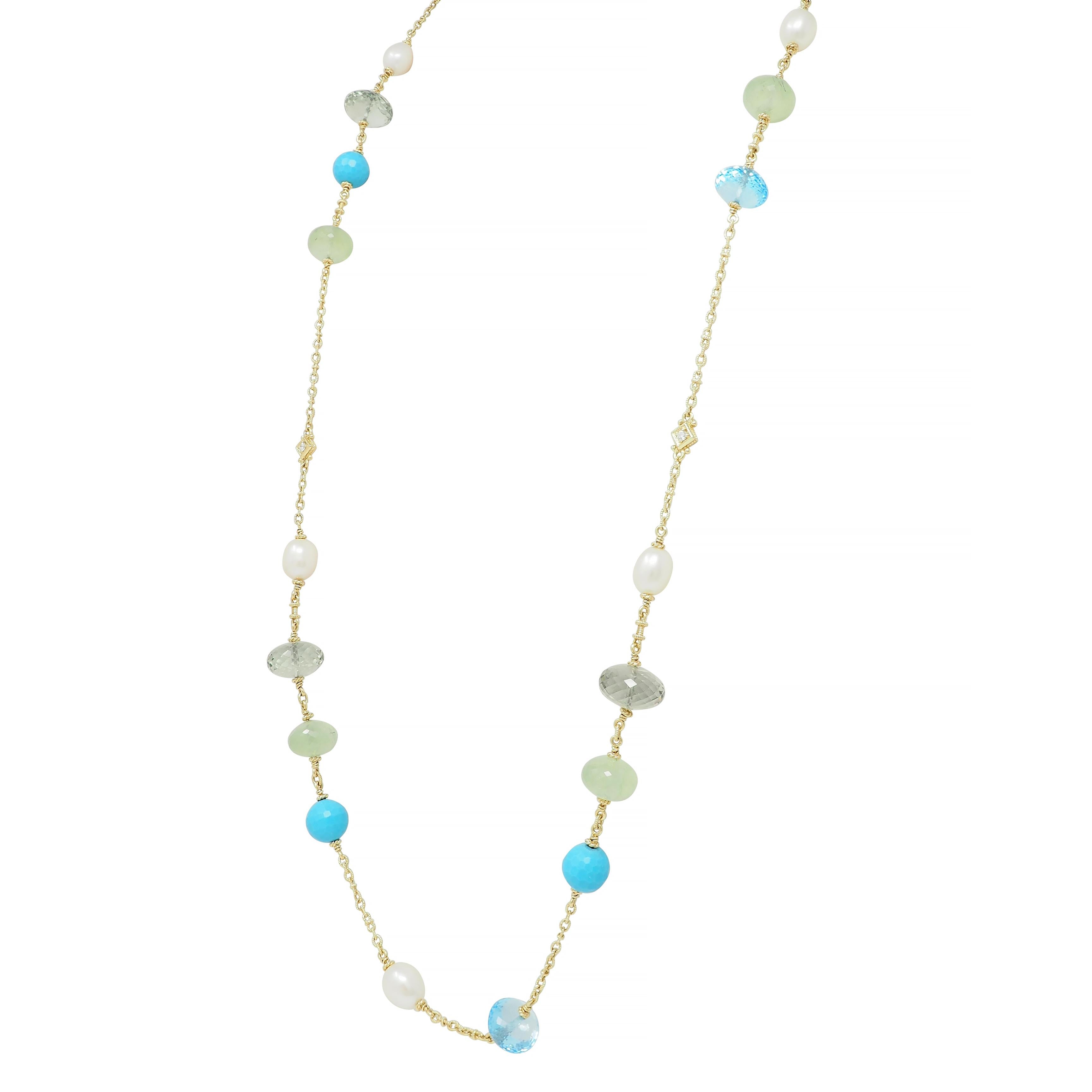 Judith Ripka Pearl Diamond Turquoise Multi-Gem 18 Karat Gold Station Necklace