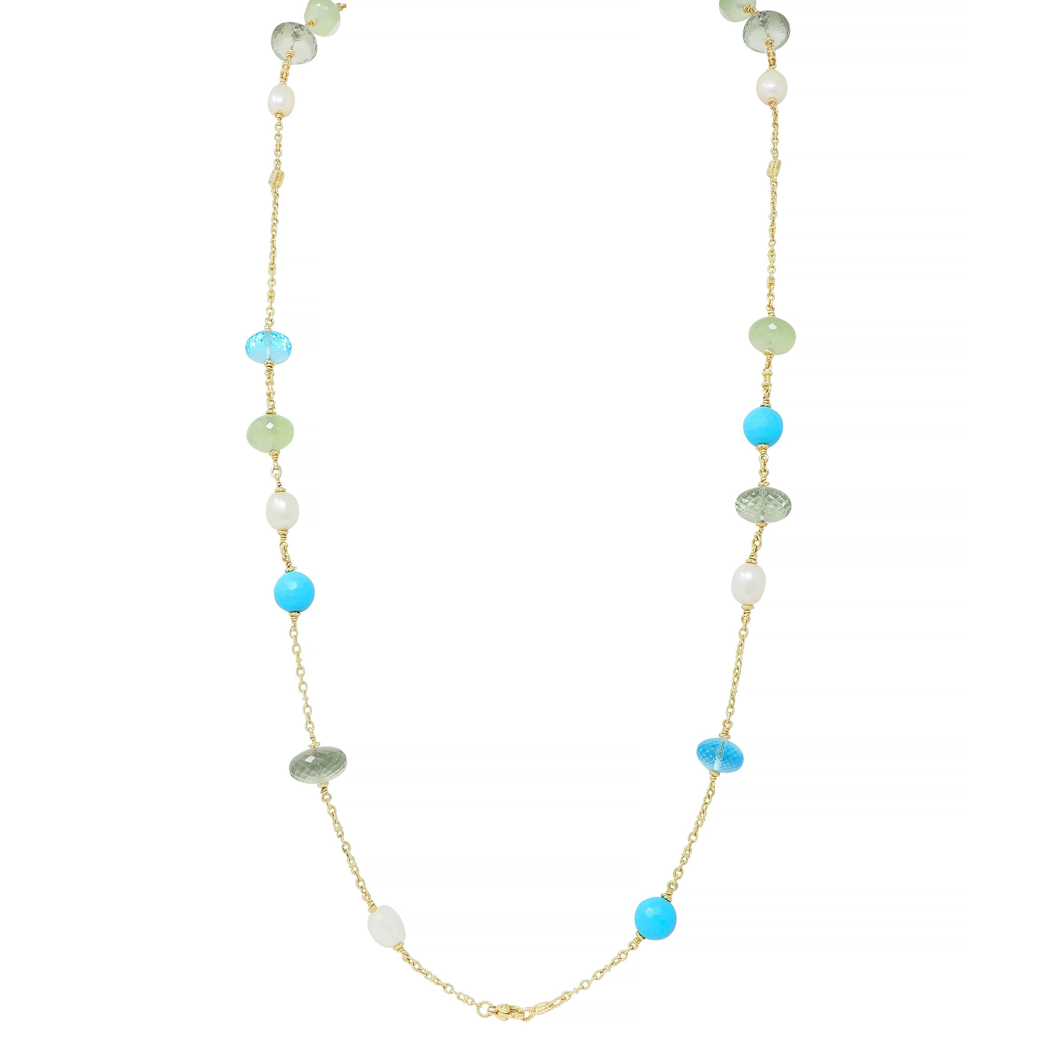 Judith Ripka Pearl Diamond Turquoise Multi-Gem 18 Karat Gold Station Necklace