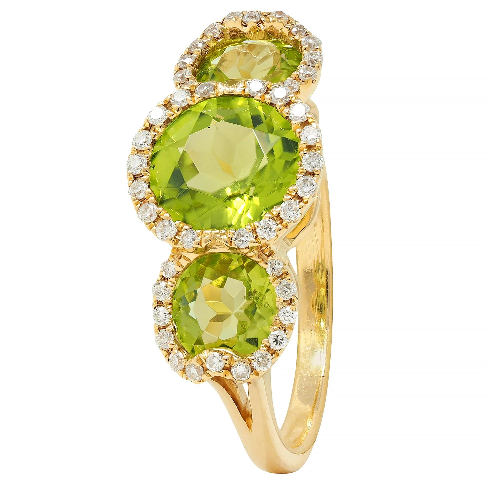 Contemporary 3.12 CTW Peridot Diamond 18 Karat Yellow Gold Tri-Halo Ring