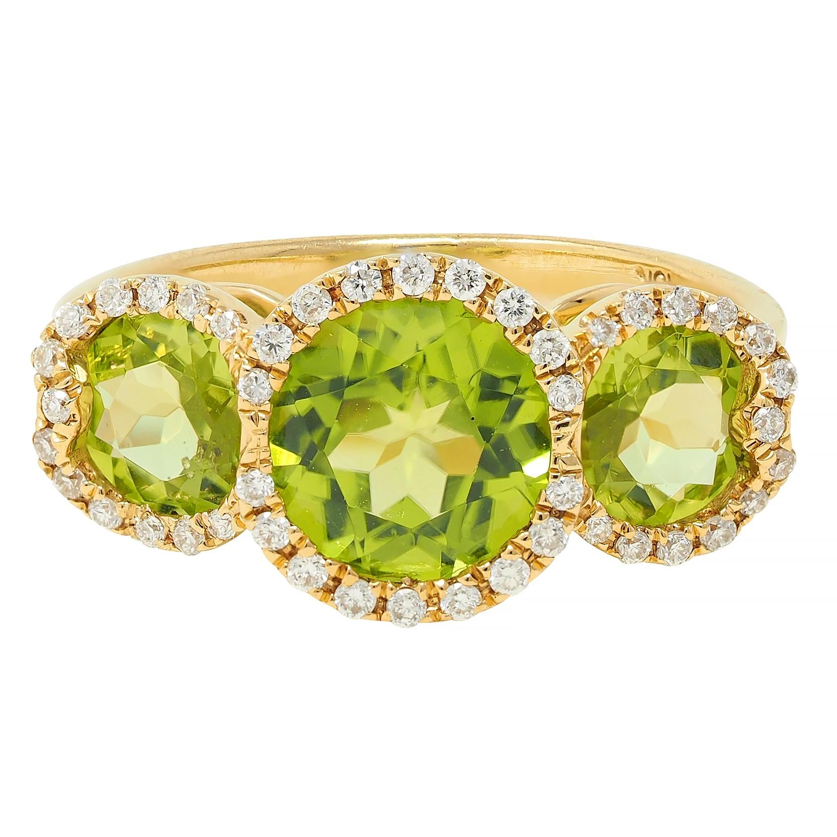 Contemporary 3.12 CTW Peridot Diamond 18 Karat Yellow Gold Tri-Halo Ring