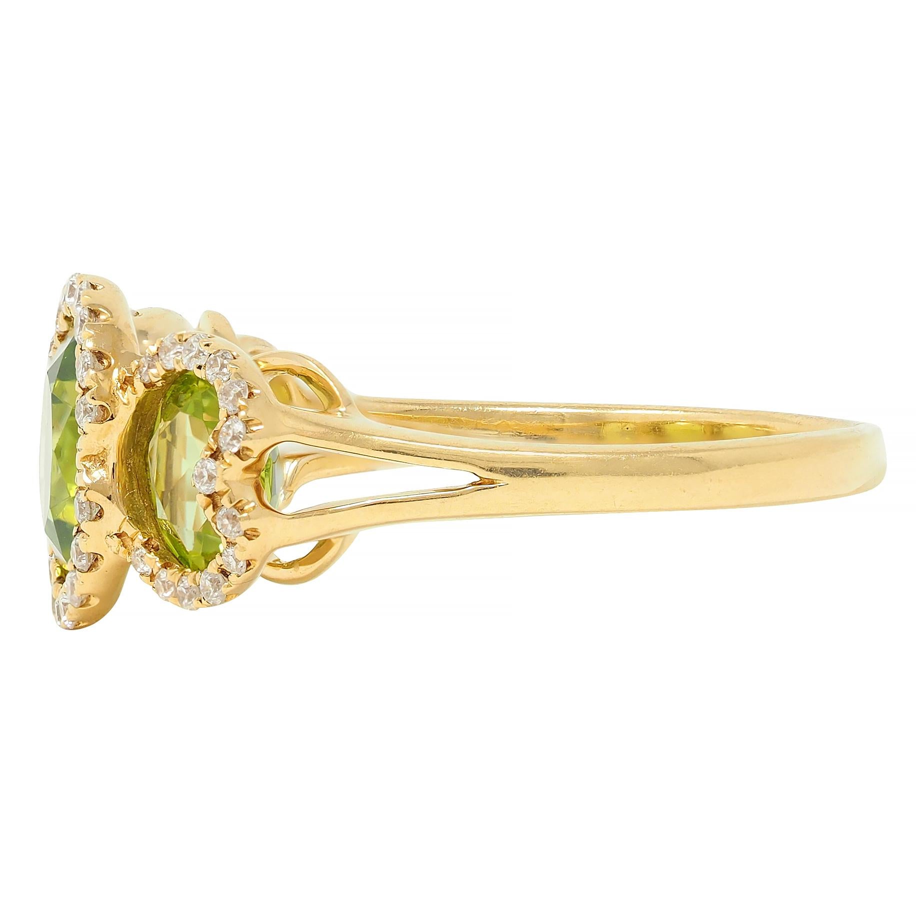 Contemporary 3.12 CTW Peridot Diamond 18 Karat Yellow Gold Tri-Halo Ring