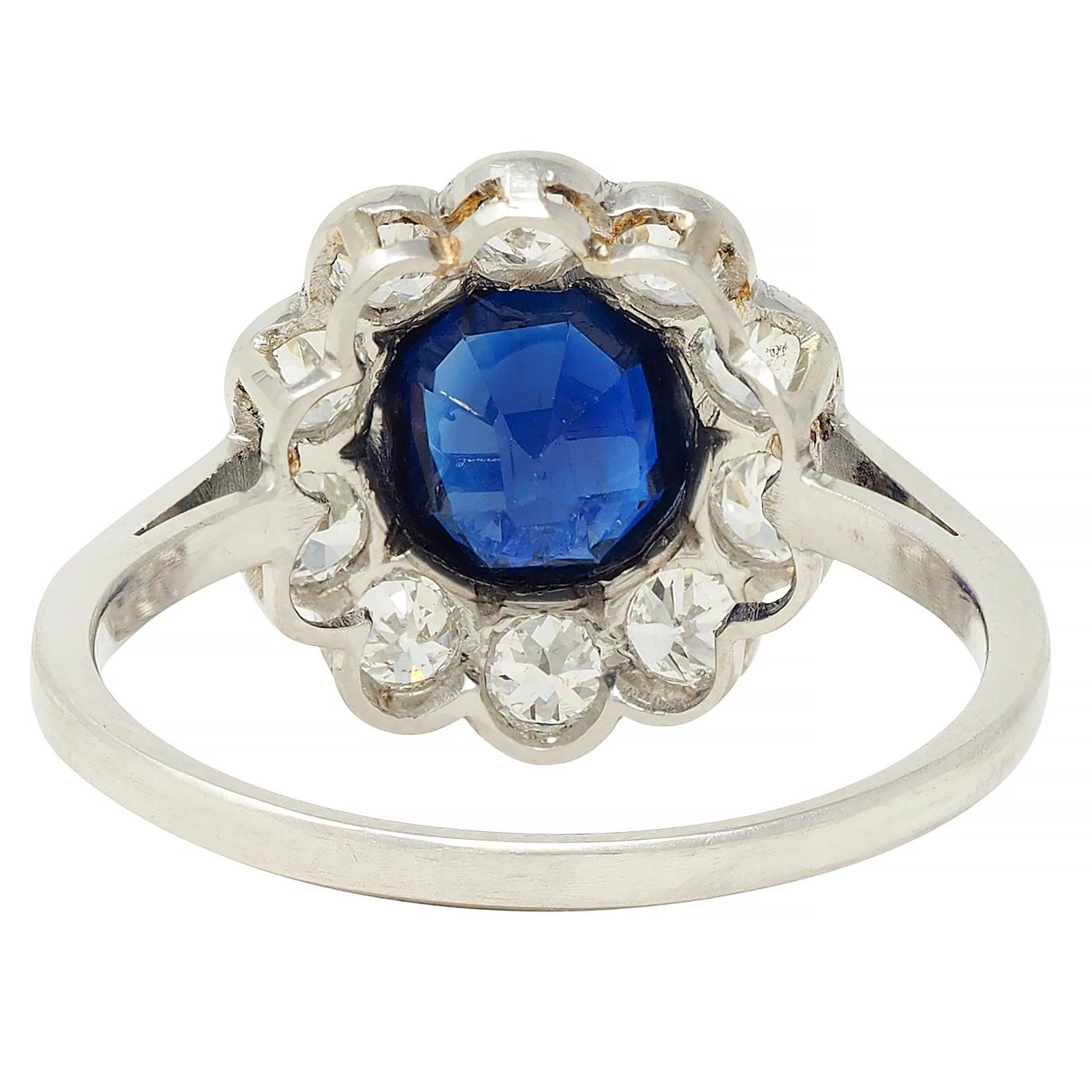 Art Deco 2.15 CTW Sapphire Diamond Platinum Vintage Halo Ring