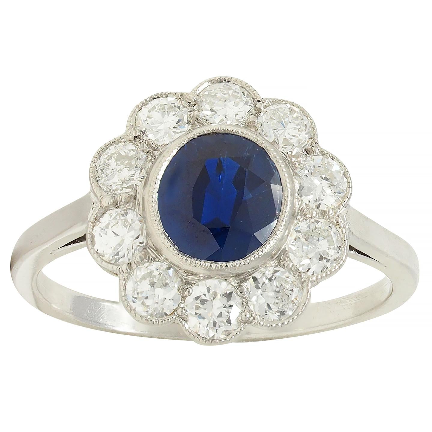 Art Deco 2.15 CTW Sapphire Diamond Platinum Vintage Halo Ring