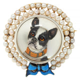 Edwardian Crystal Pearl Platinum 14K Gold Antique French French Bulldog Brooch