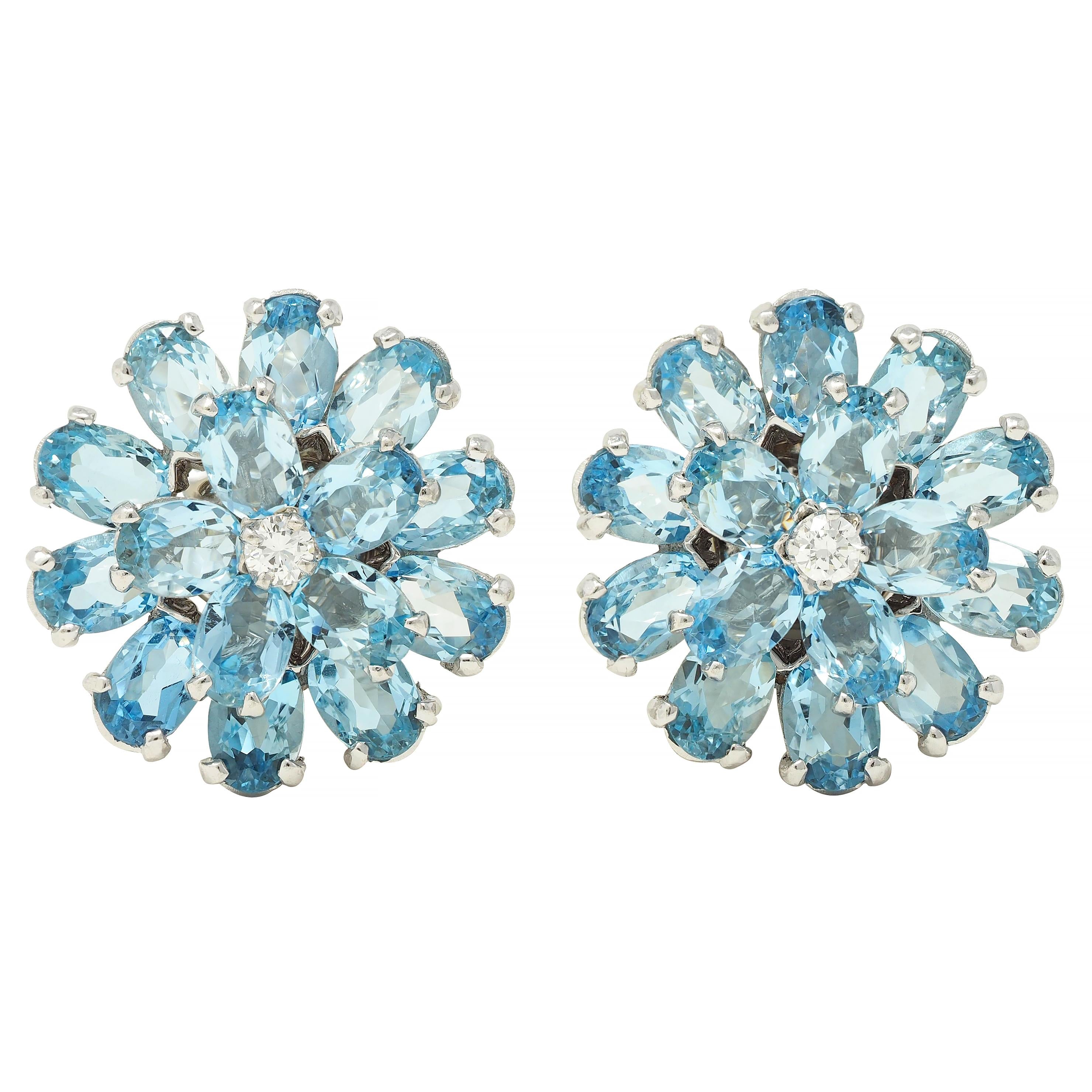 1960's 9.20 CTW Aquamarine Diamond 14 Karat White Gold Vintage Flower Earrings