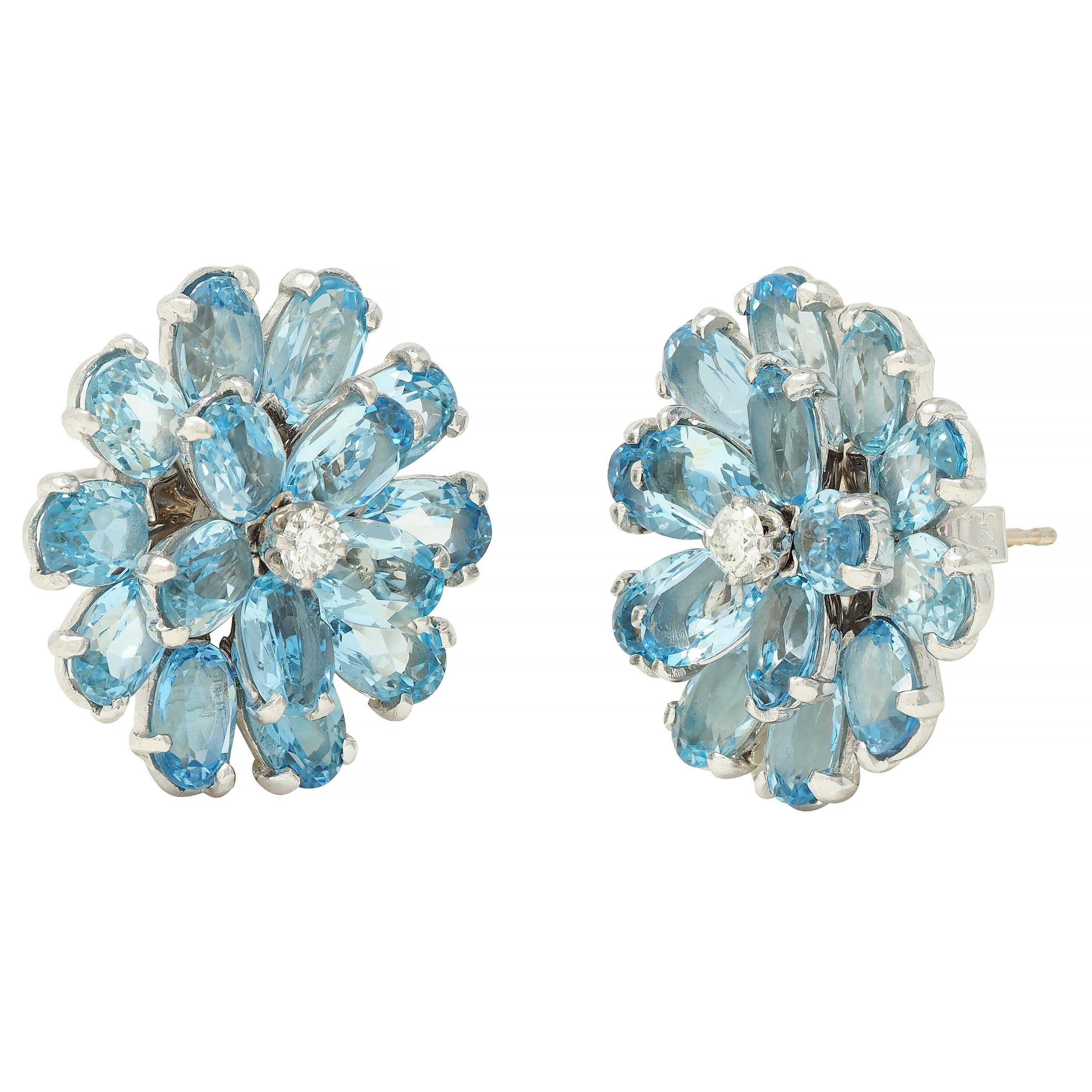 1960's 9.20 CTW Aquamarine Diamond 14 Karat White Gold Vintage Flower Earrings