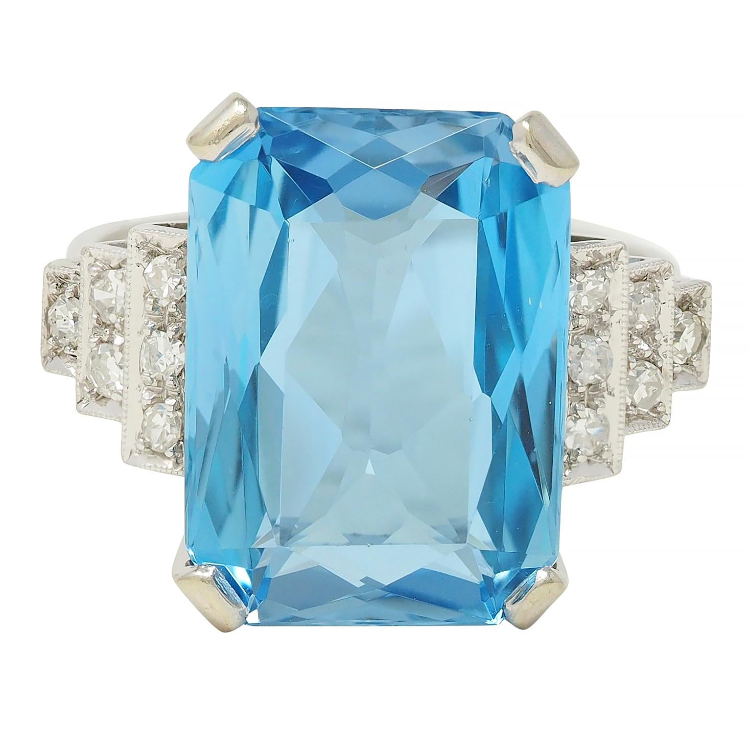 Mid-Century 9.22 CTW Aquamarine Diamond Platinum 18K Gold Vintage Cocktail Ring