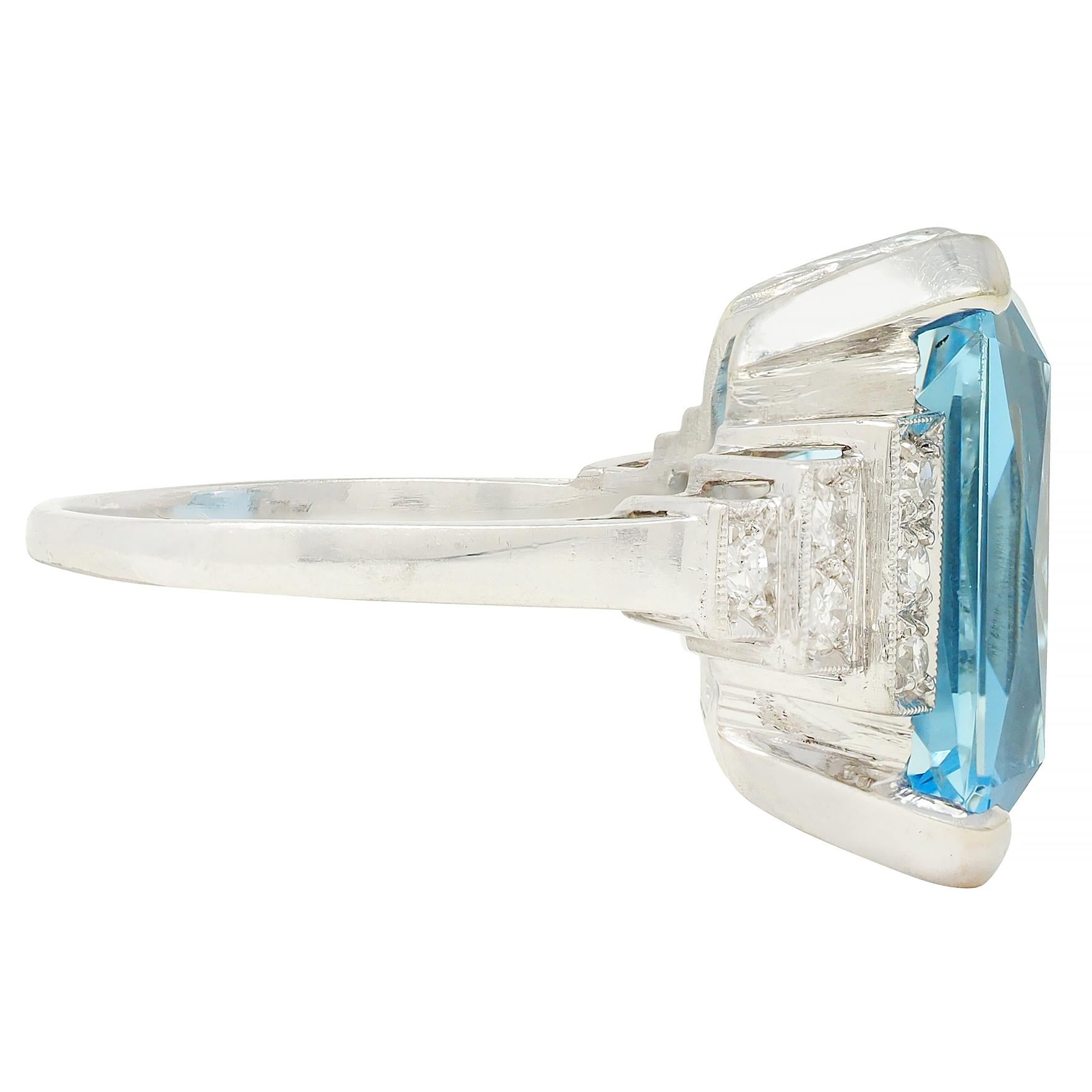 Mid-Century 9.22 CTW Aquamarine Diamond Platinum 18K Gold Vintage Cocktail Ring